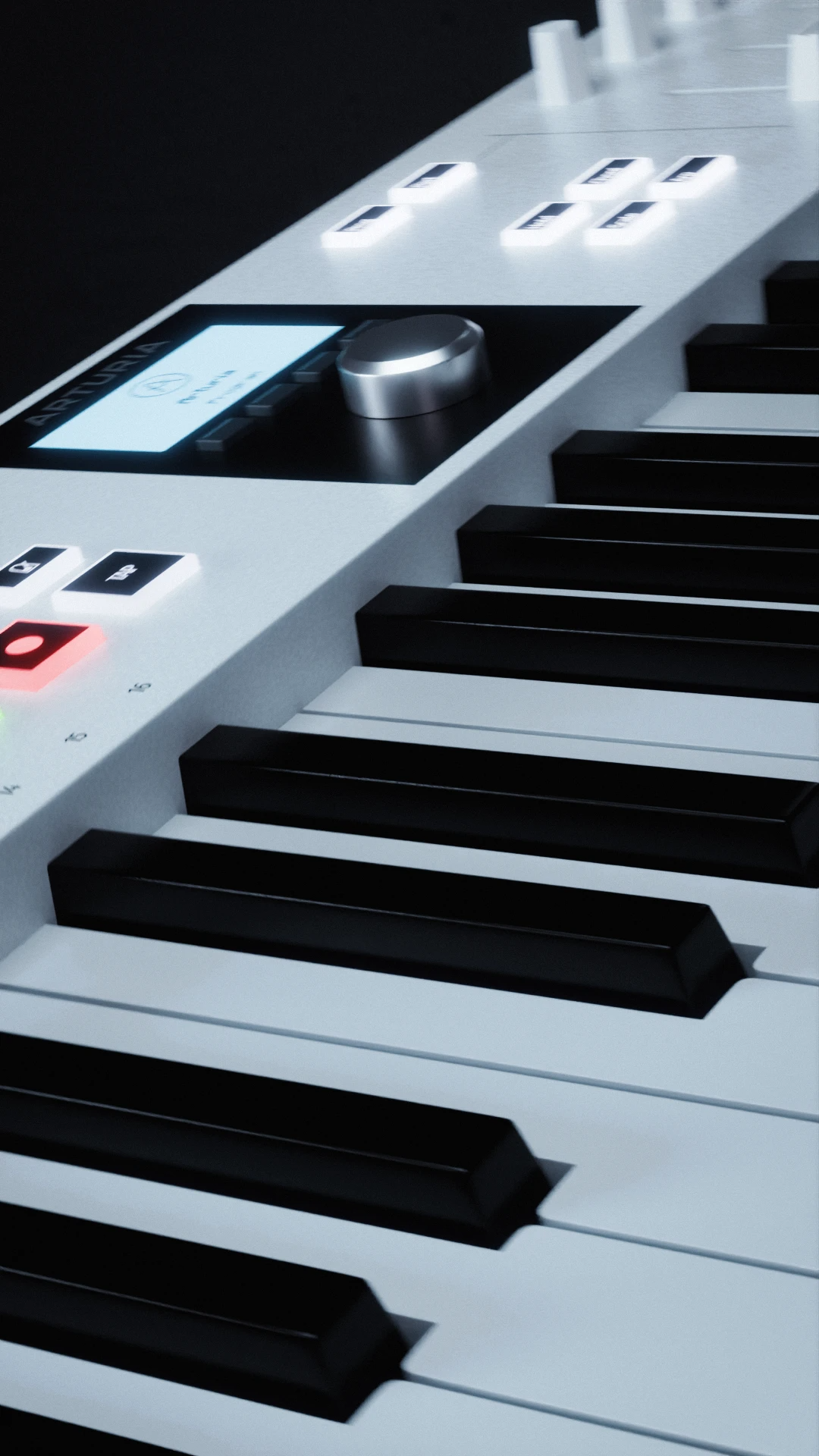 Angled close-up of a white Arturia KeyLab keyboard, showing piano keys, a glowing blue display, illuminated buttons, and a silver control knob.