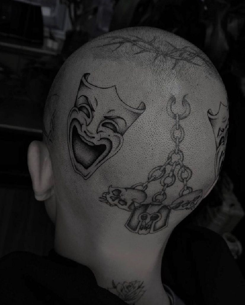 Mask tattoo on back of head