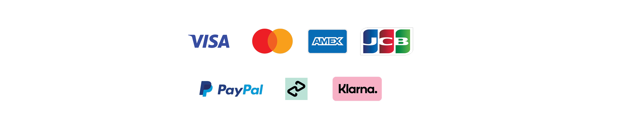 Logos of Visa, Mastercard, AMEX, JCB, Paypal, Afterpay, and Klarna