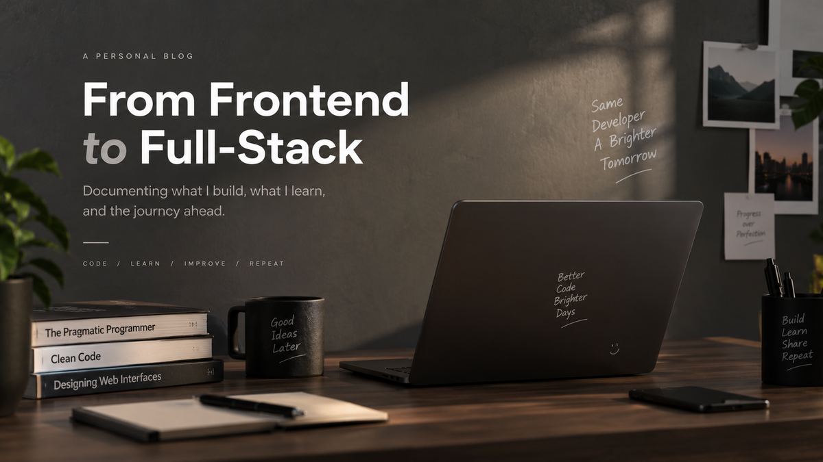 Minimalist developer workspace with a laptop, programming books, and the title ‘From Frontend to Full-Stack,’ representing a software engineer’s learning journey.