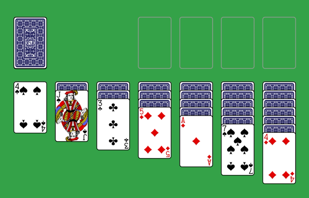 Solitaire card game tableau with playing cards arranged in columns