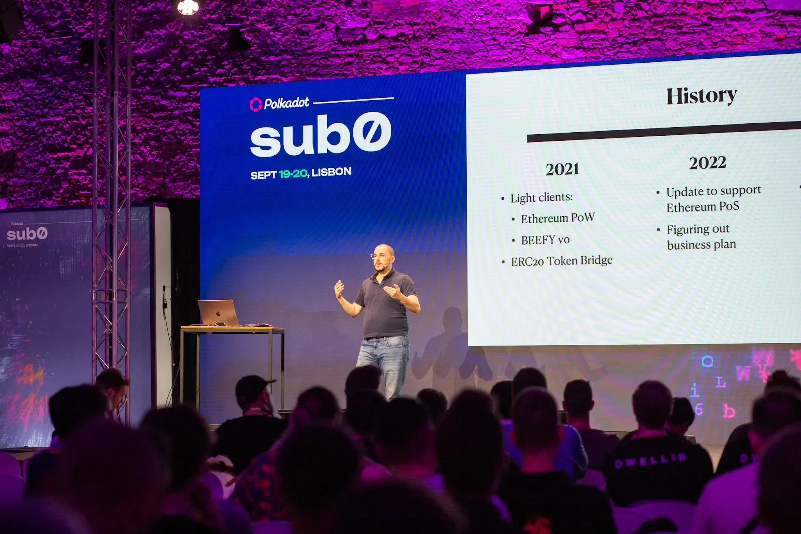 A speaker at sub0, the Polkadot developer conference (Lisbon, September 2023)