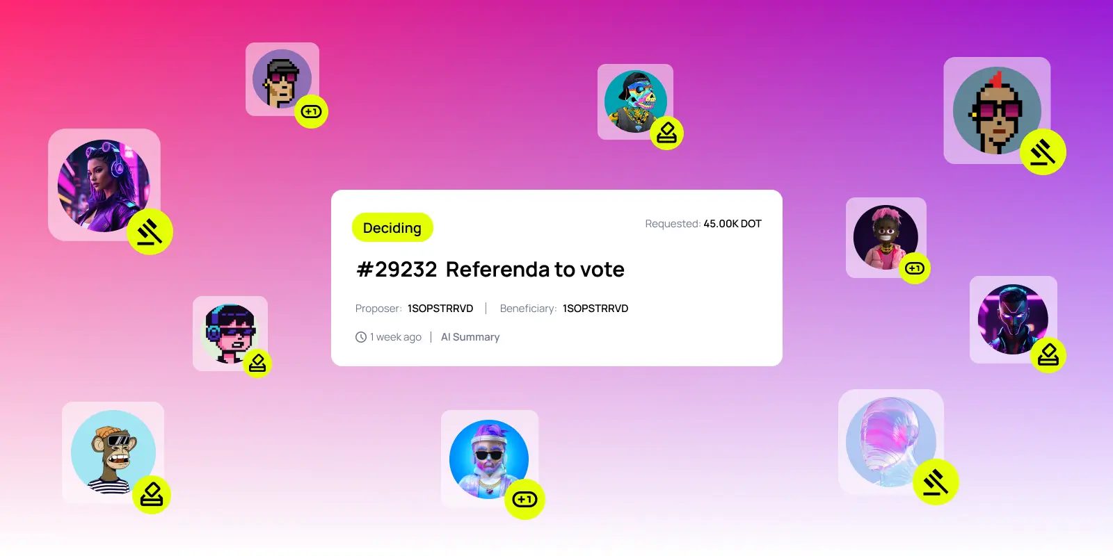 Colorful interface showing a referendum in progress with avatars and icons representing voting actions, delegations, and participation on a gradient background.