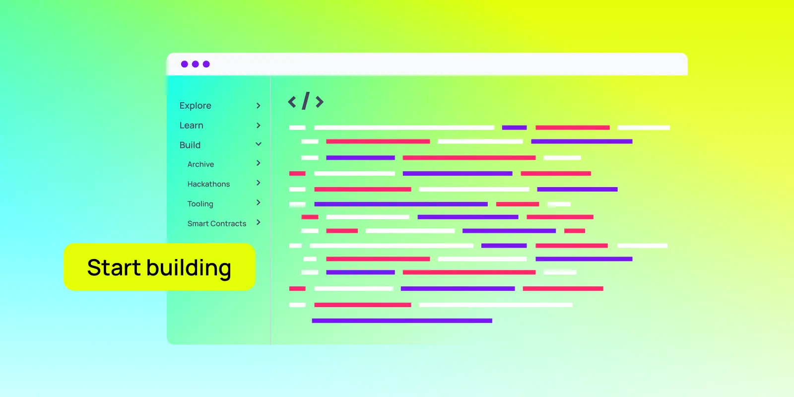 A code editor with colorful lines, a menu on the left, and a yellow “Start building” button for Polkadot developers.