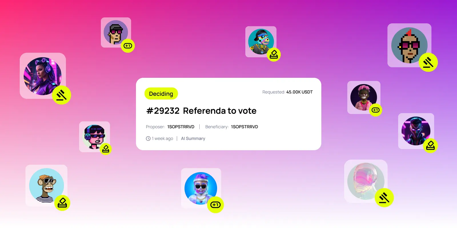 Different PFPs on a pink purple gradience background with UI of OpenGov referenda proposal