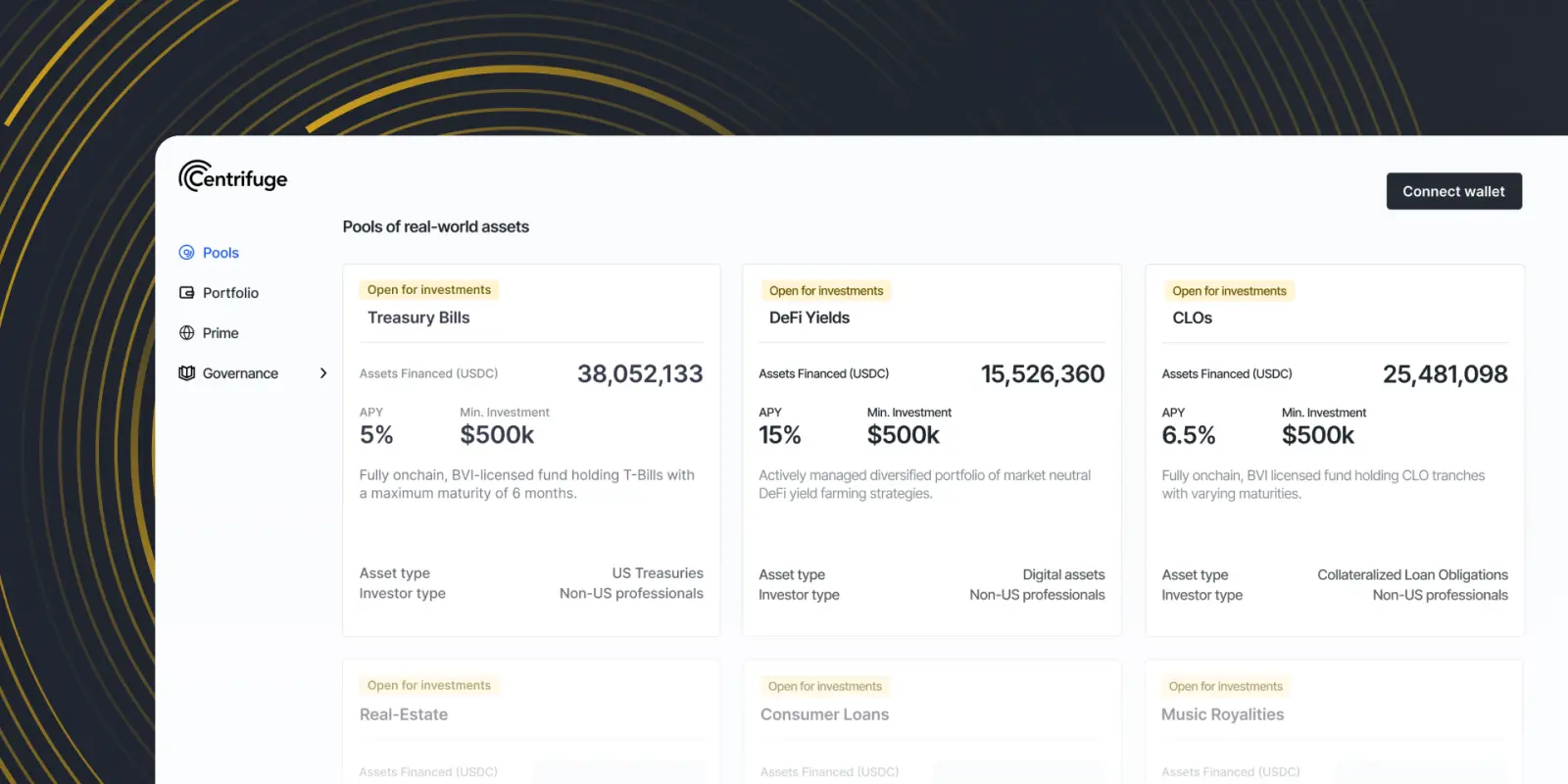 Centrifuge platform interface showcasing pools of real-world assets, including Treasury Bills, DeFi Yields, and CLOs, with detailed APY, minimum investment, and financed asset information.