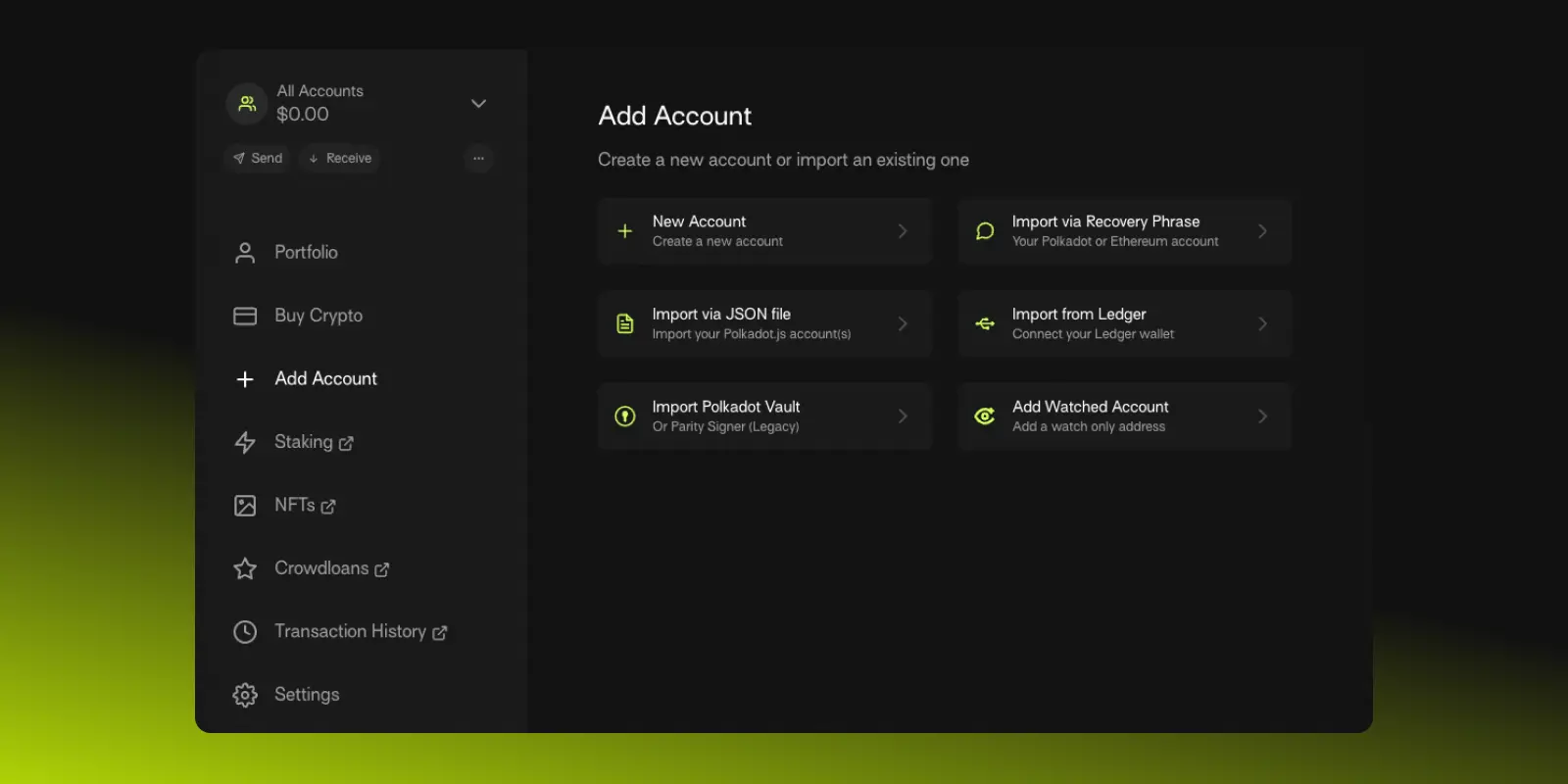 Acurast user interface on a dark background with green gradient in dark mode