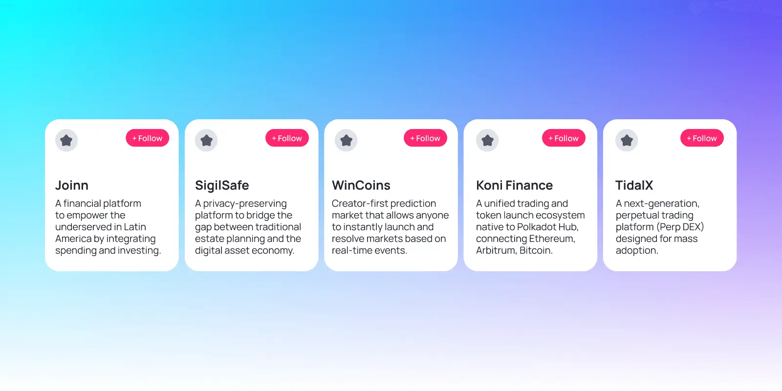 Five cards displaying the DeFi Builders Program Cohort 1 teams: Joinn, SigilSafe, WinCoins, Koni Finance, and TidalX, each with brief descriptions of their platforms and a follow button.