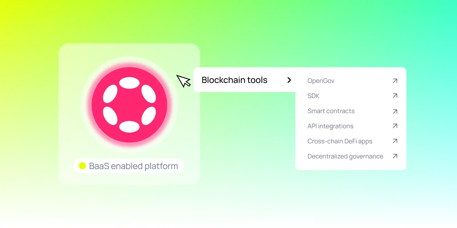 Illustration of a Blockchain-as-a-Service (BaaS) enabled platform with a focus on blockchain tools such as OpenGov, SDKs, smart contracts, API integrations, cross-chain DeFi apps, and decentralized governance.