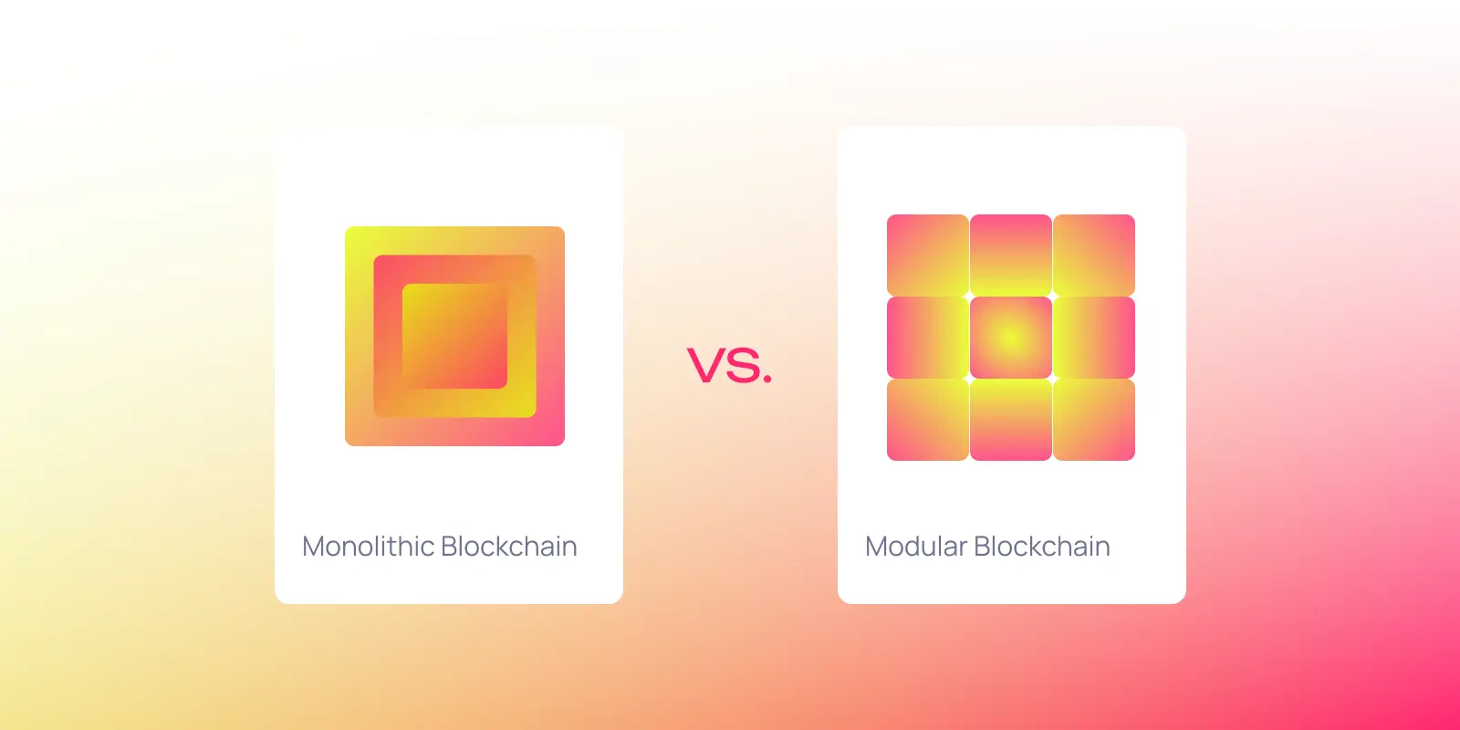 image on gradient background with 2 cards representing monolithic vs. modular blockchains