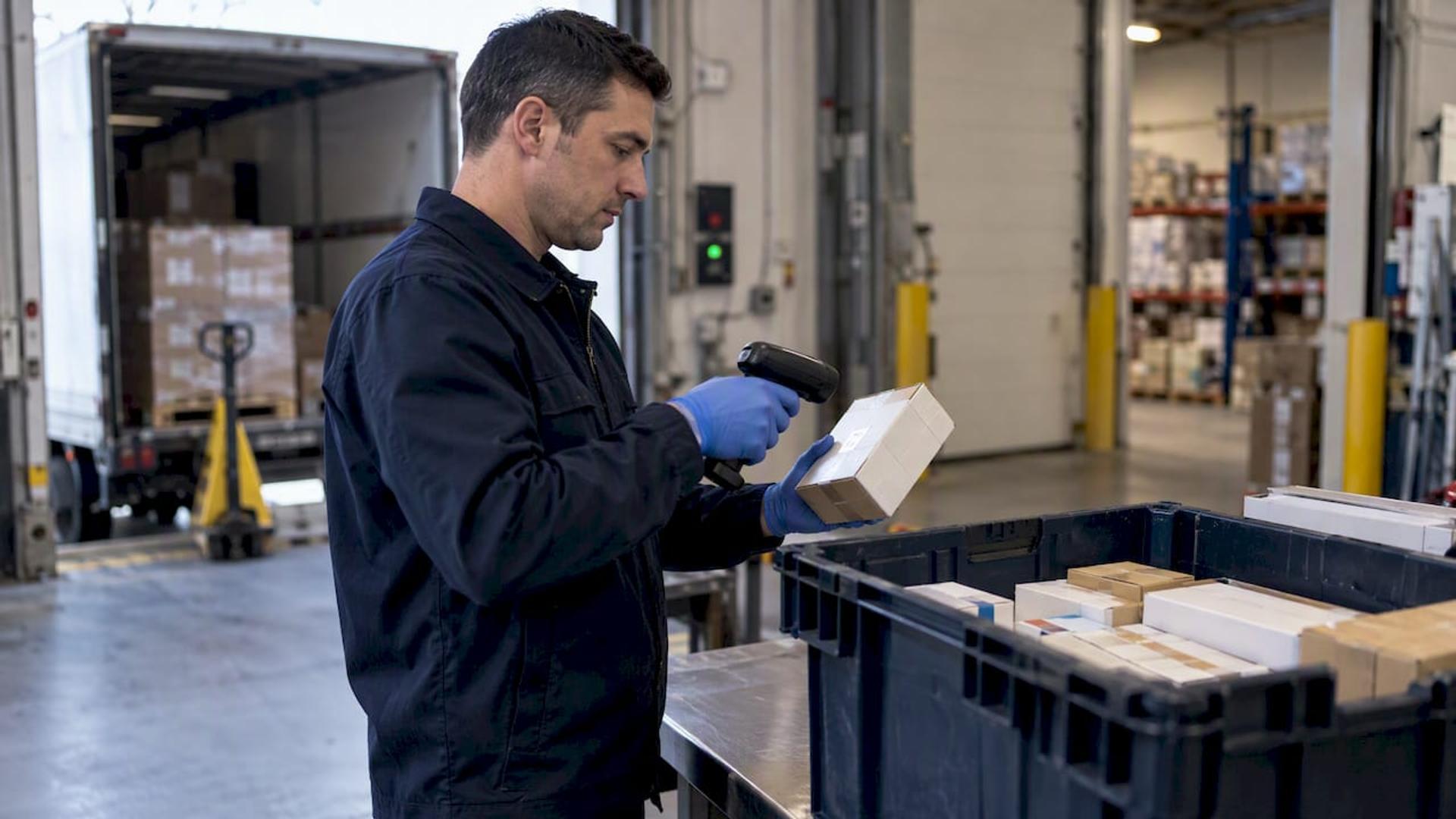 Worker scanning a medicine carton for traceability
