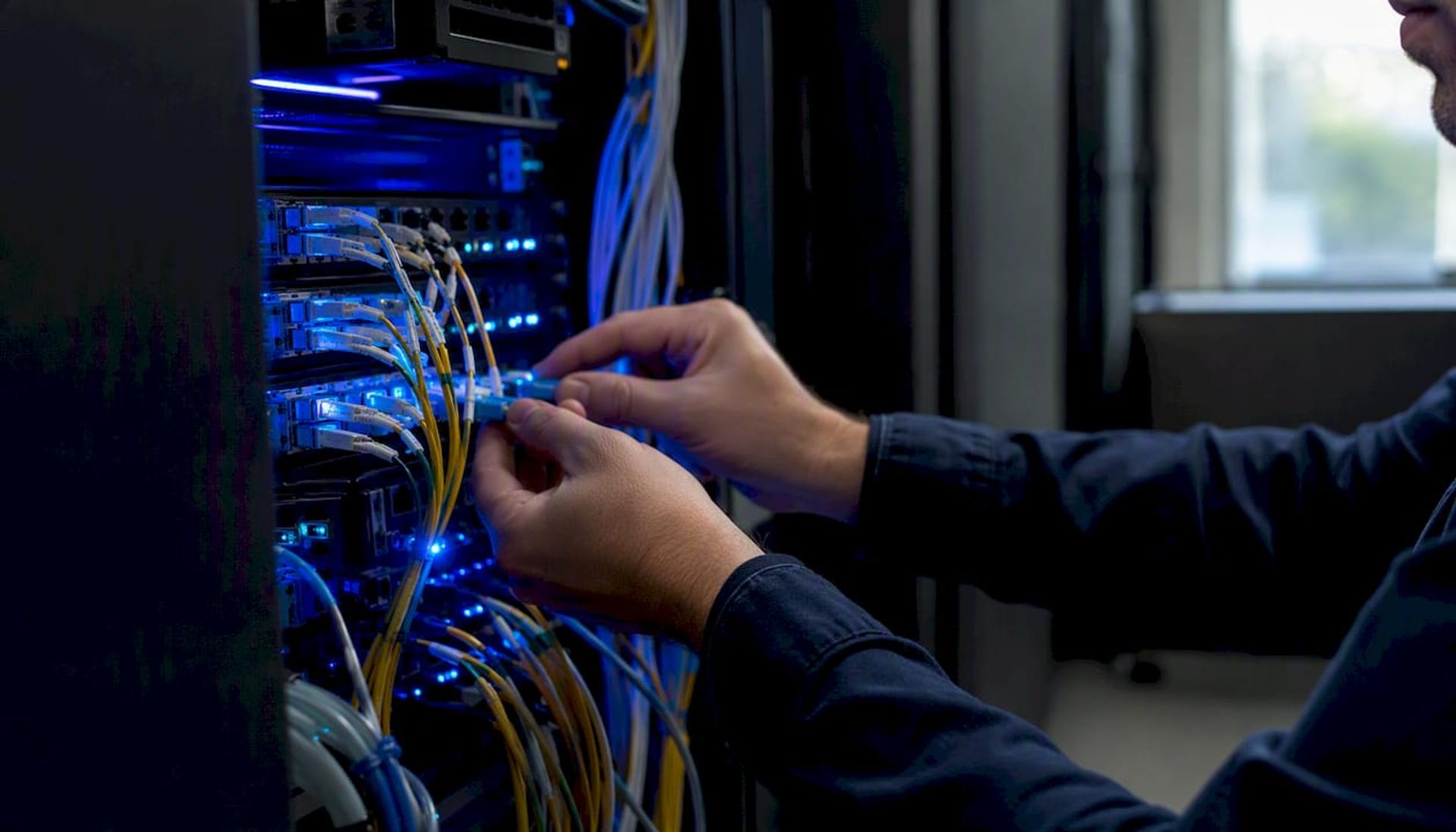 Hands connecting healthcare network cables