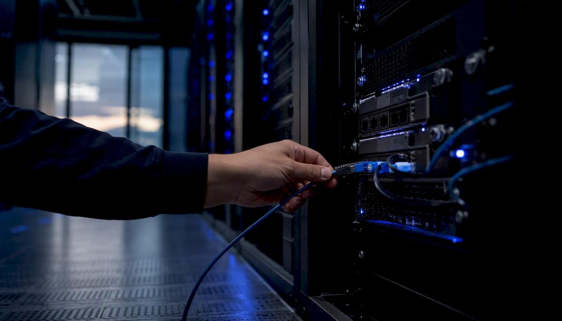 Hand plugging Ethernet cable into network switch