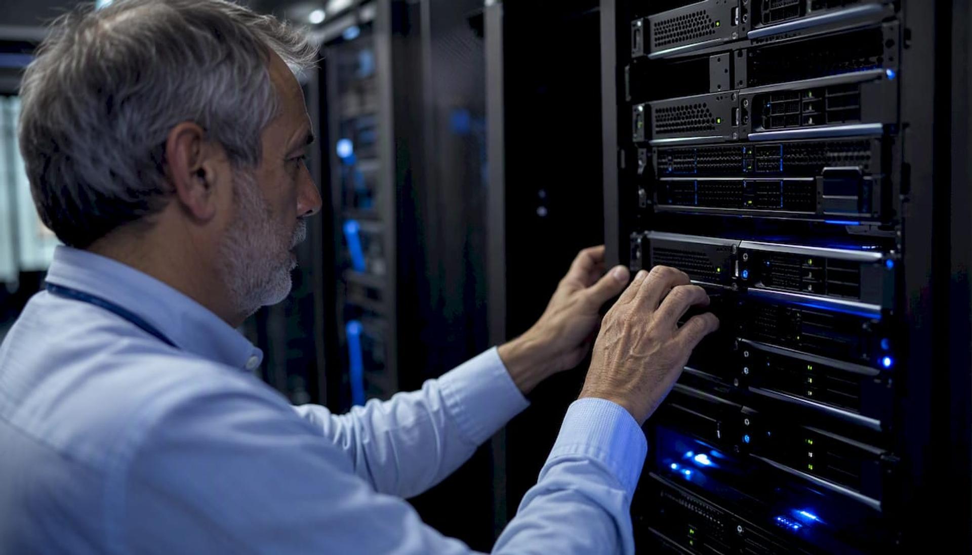 Engineer configuring server in cloud data center