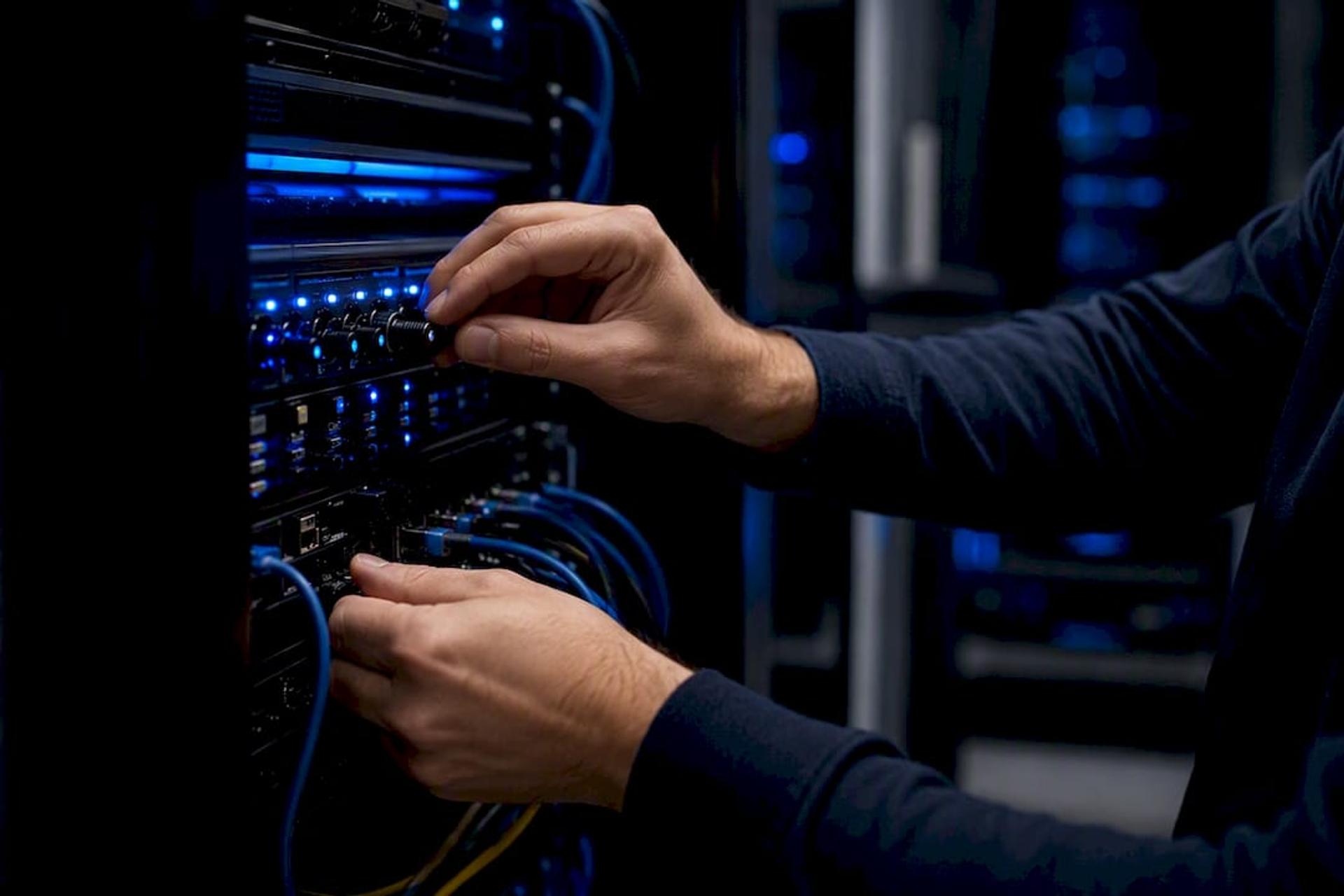 Hands adjusting network hardware controls