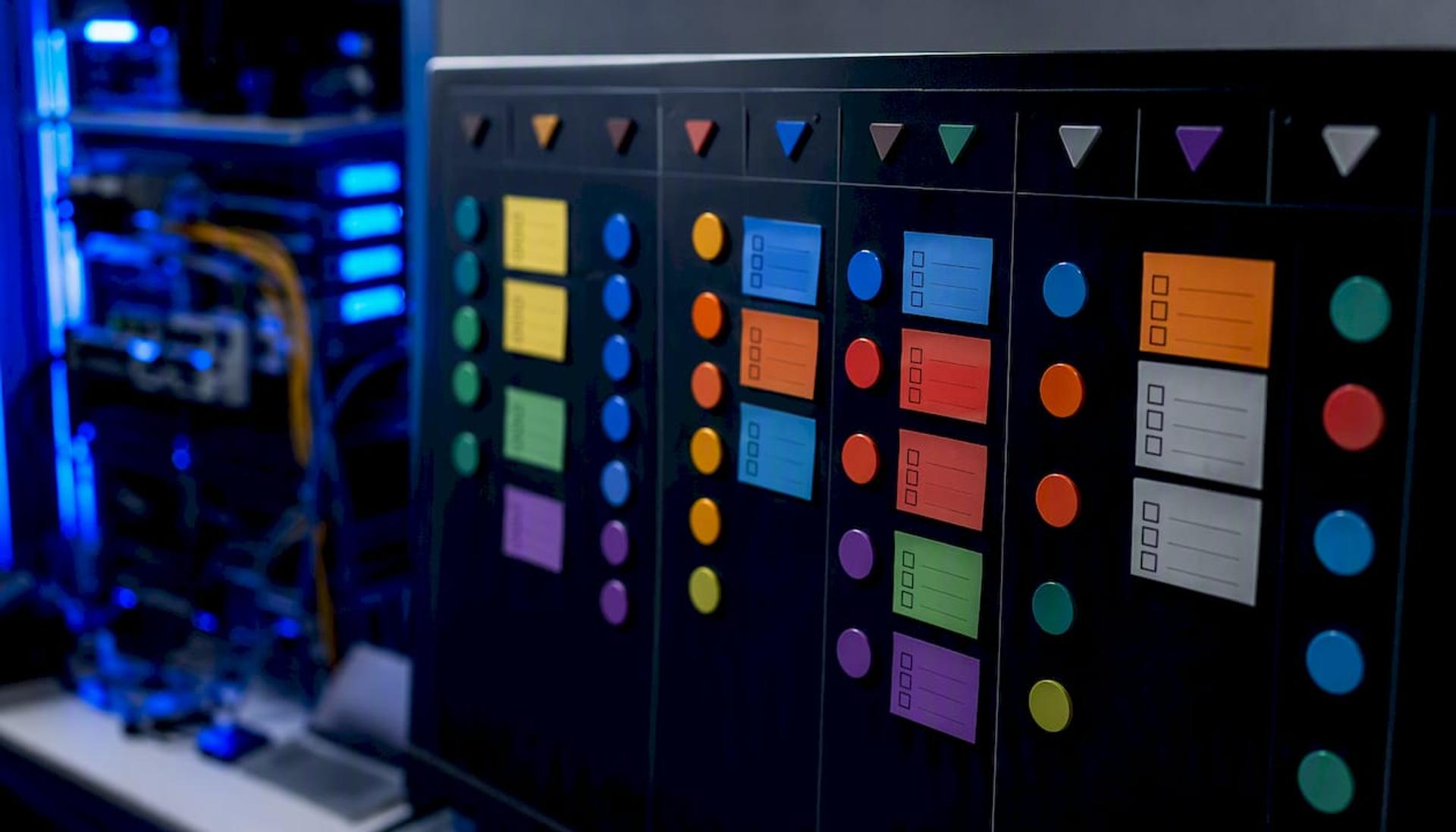 Detail of sprint planning board with status markers