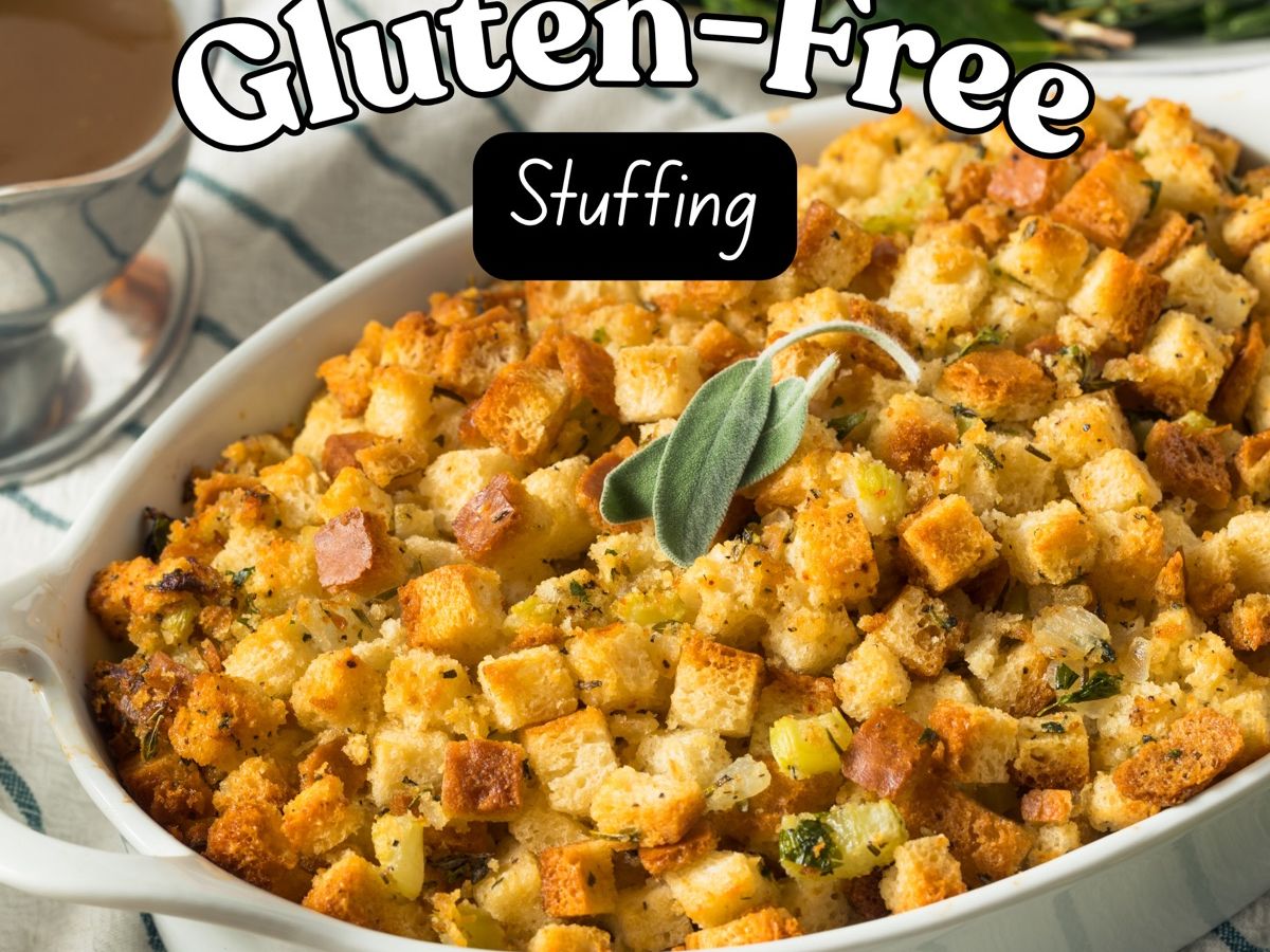 A baking dish of gluten-free stuffing with a golden top