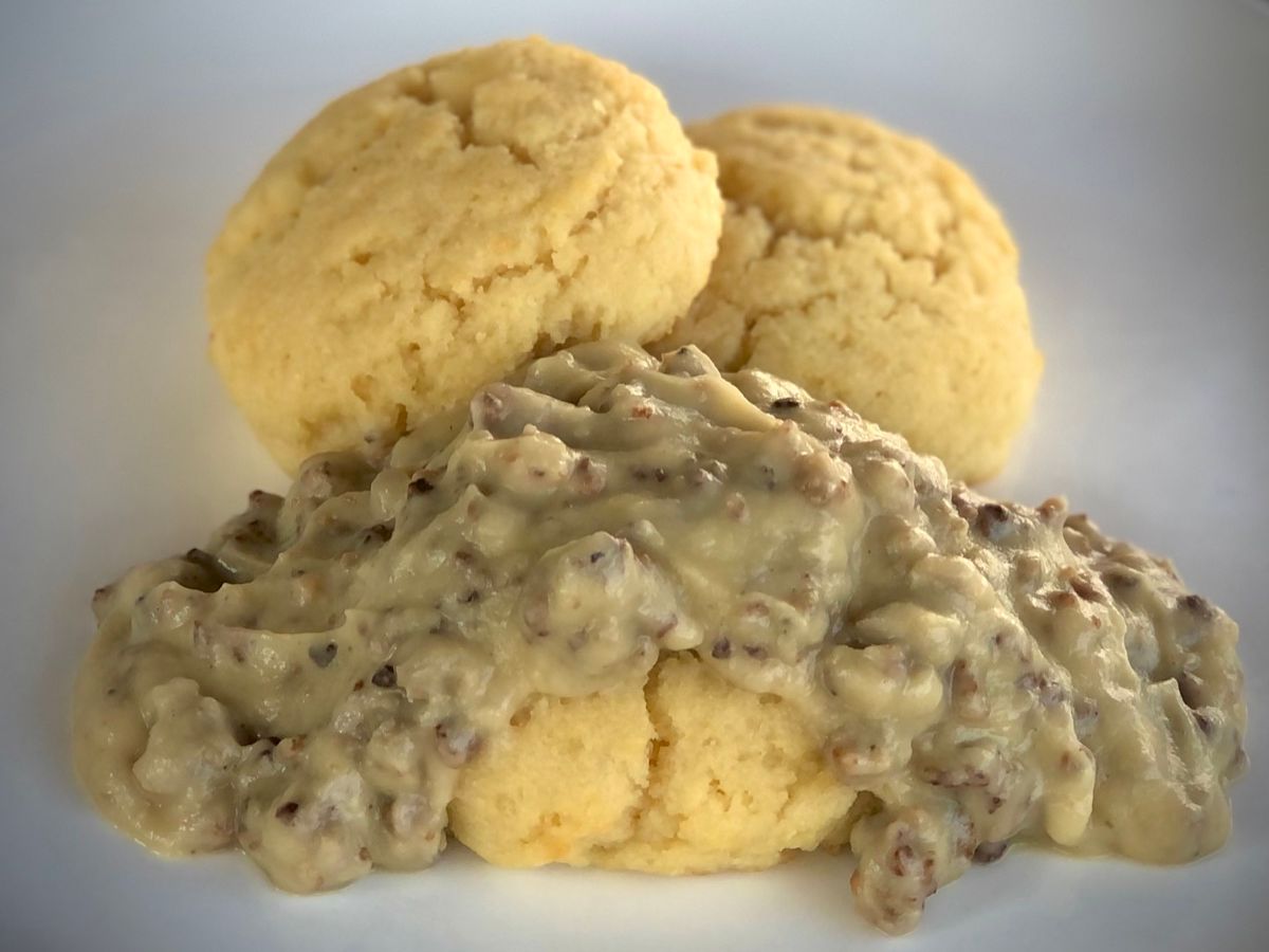 Cauliflower Sausage Gravy with Almond Flour Biscuits