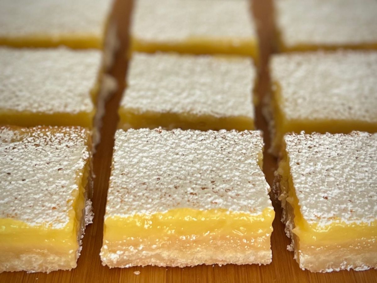 Powdered-sugar dusted lemon bars cut into squares