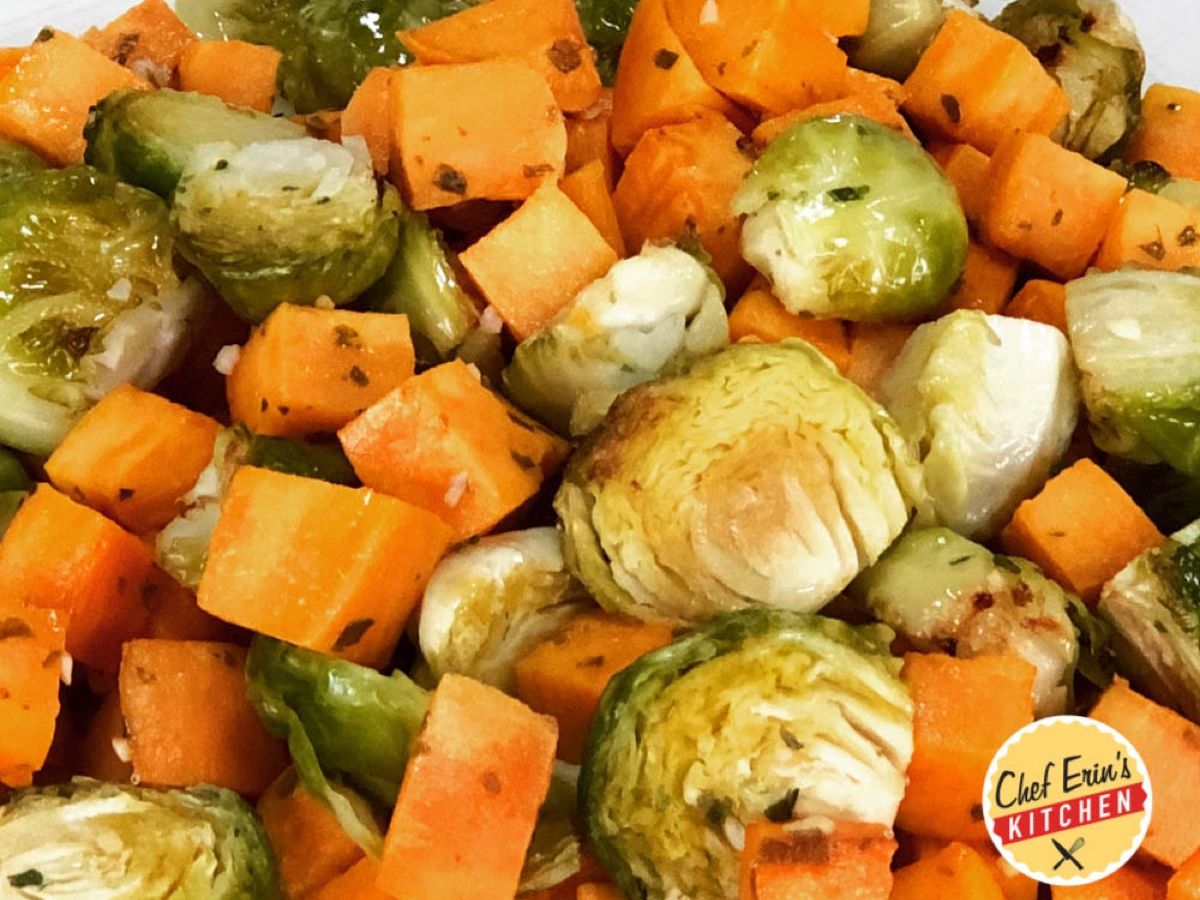 Roasted Sweet Potatoes and Brussels Sprouts