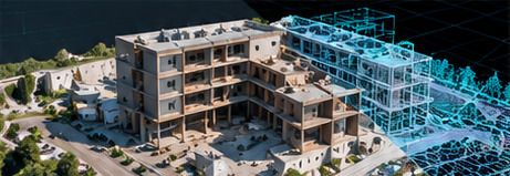 Edificio en obra con el modelo 3D superpuesto