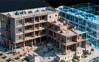 Edificio en obra con el modelo 3D superpuesto