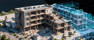 Edificio en obra con el modelo 3D superpuesto