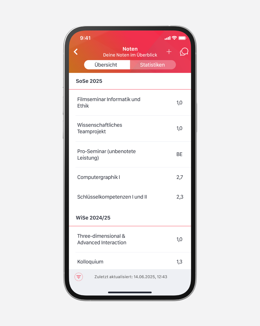 Das Modul „Noten“ zeigt alle Prüfungsergebnisse mobil und übersichtlich in der App an. Studierende erhalten Zugriff auf ihre Leistungen, können mithilfe des Planungsmodus zukünftige Noten simulieren und den Notenschnitt berechnen – jederzeit, campusunabhängig und datenschutzkonform.