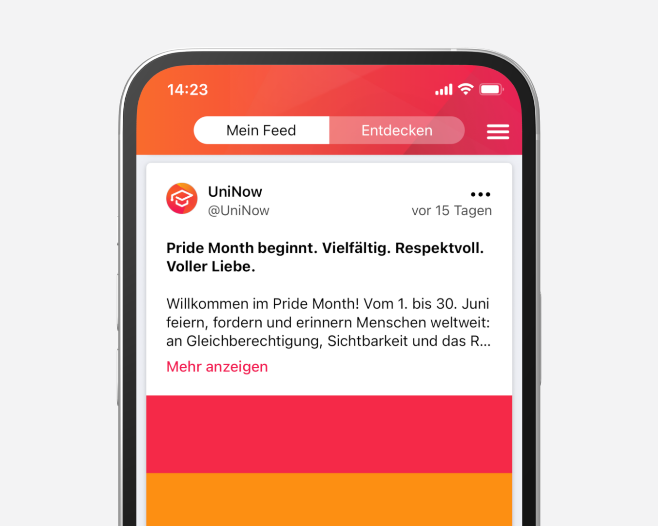 The newsfeed is your university's digital bulletin board. Articles, events, and surveys are published centrally and distributed directly to students—supplemented by push notifications and editorial control via the portal.