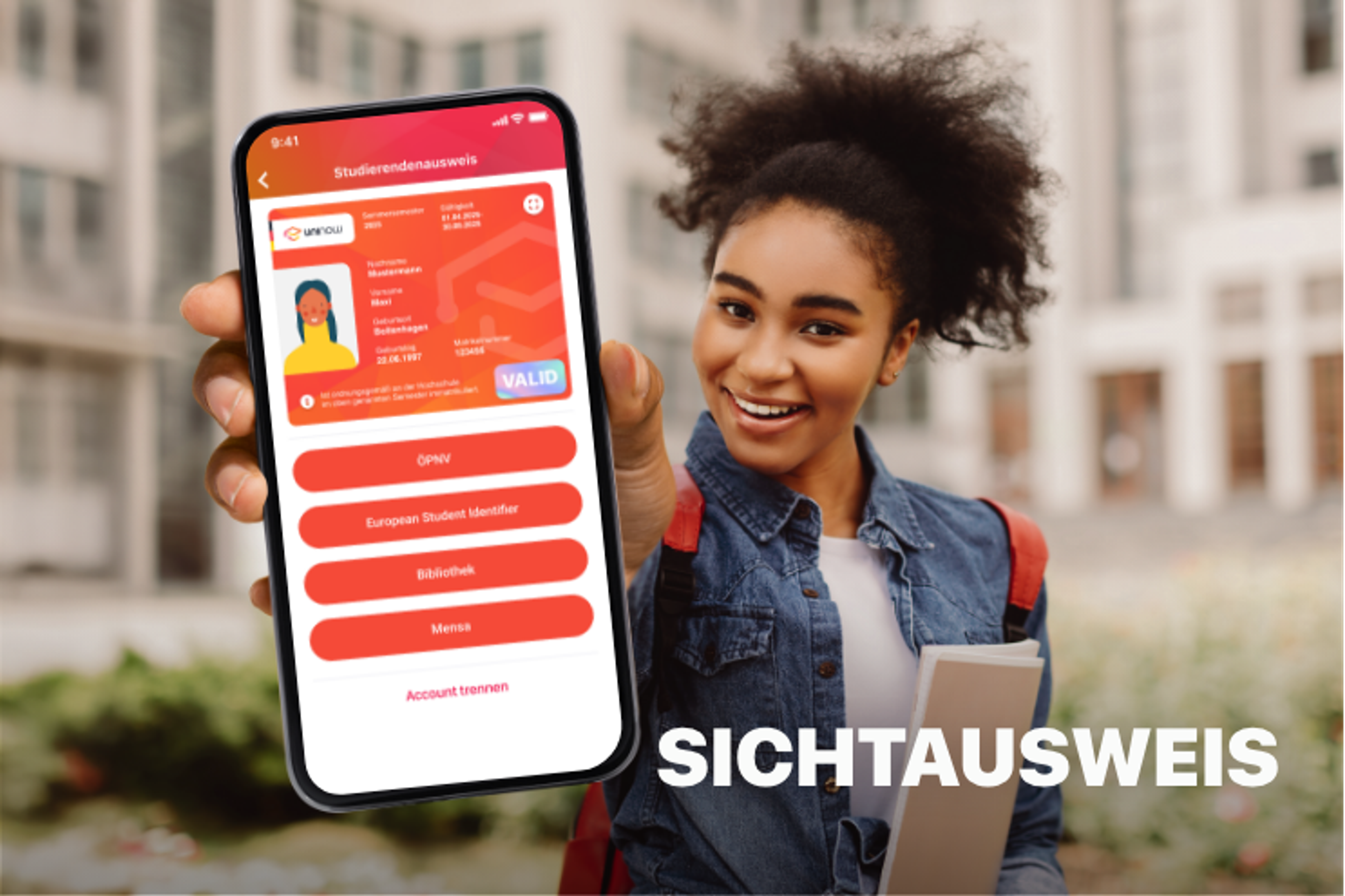 Digitale Student ID mit Sicherheitsmerkmalen wie Hologramm, Foto und Gültigkeitsanzeige