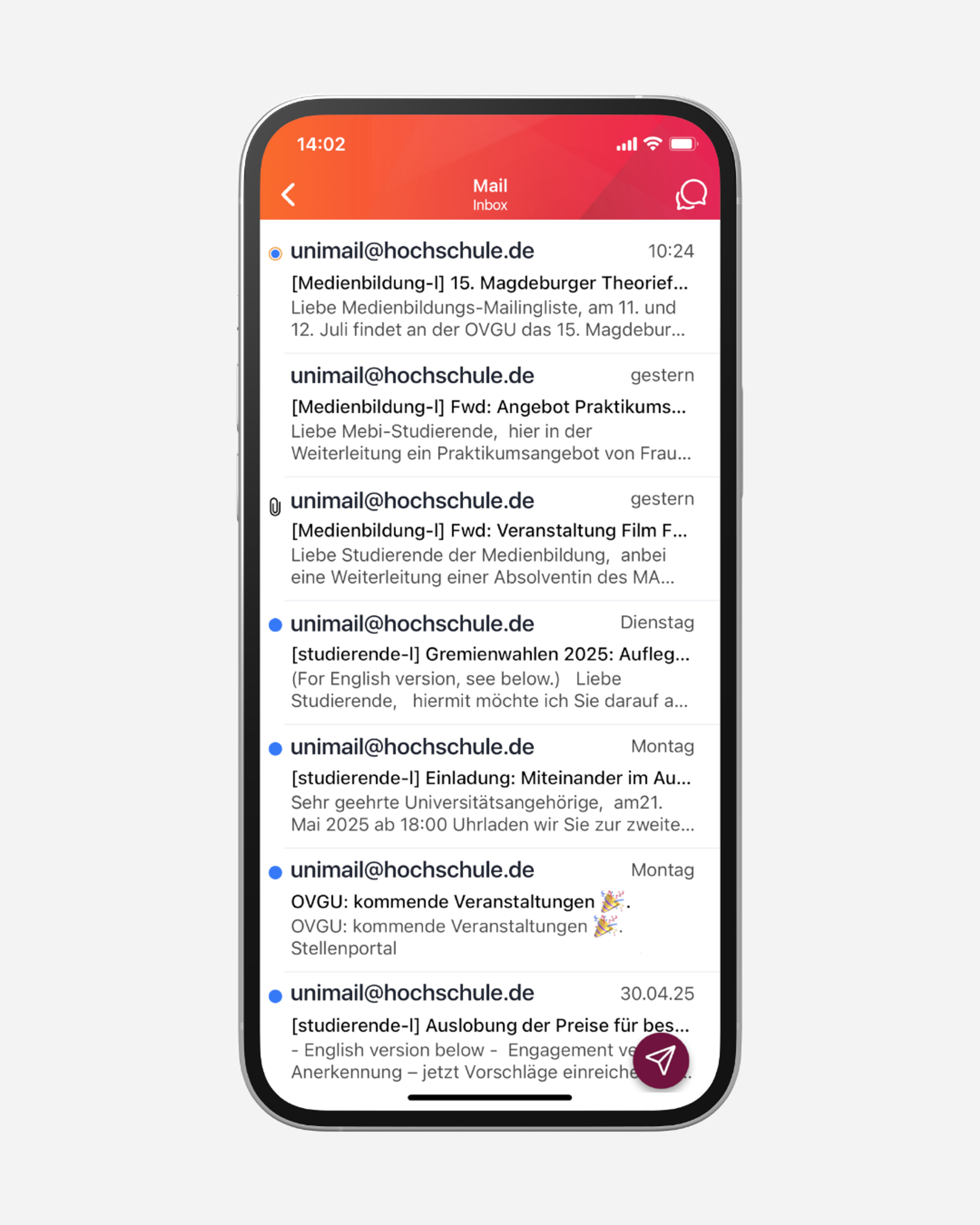Uni-Mails sicher und bequem abrufen: Die App ermöglicht den direkten Zugriff auf das hochschulinterne E-Mail-Konto – ohne zusätzliche Einrichtung. Dank Push-Benachrichtigungen bleibt keine Nachricht ungelesen.
