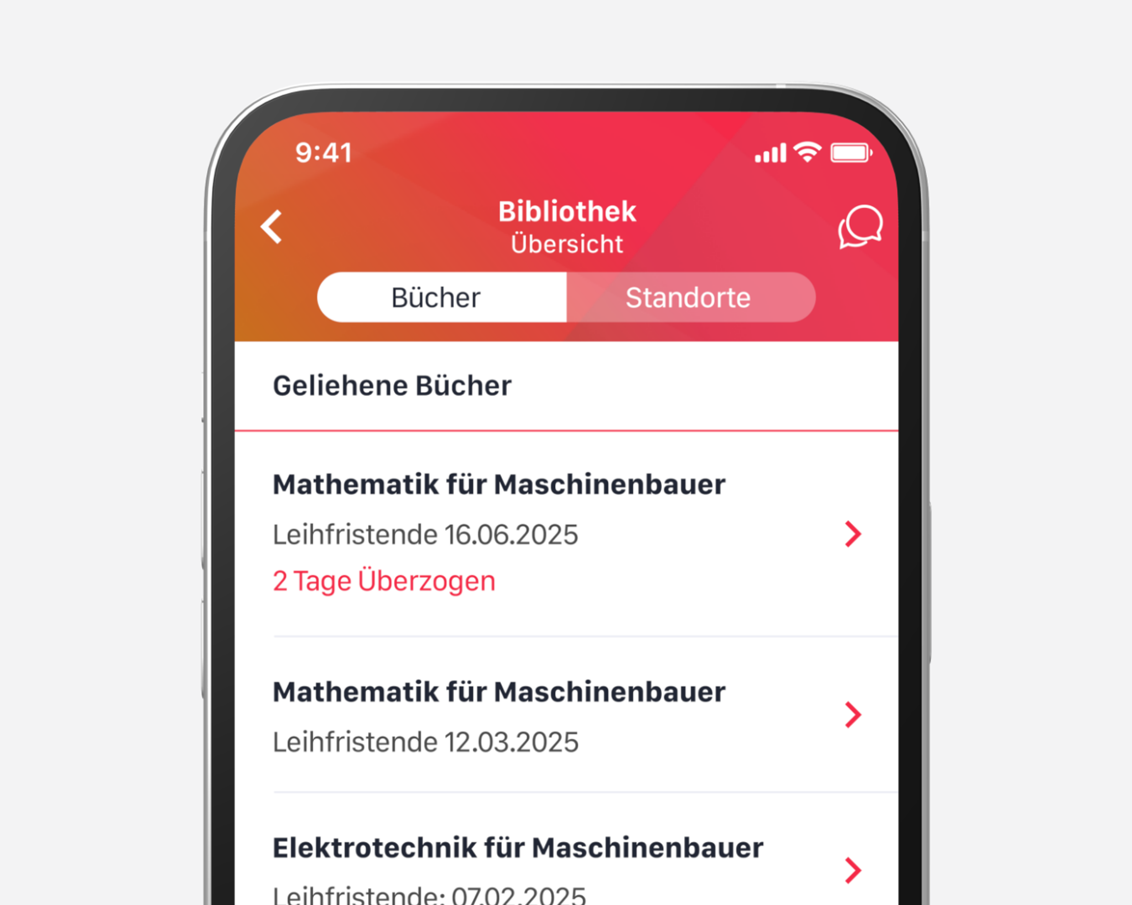 Alle Ausleihen mobil im Blick: Das Bibliotheksmodul zeigt entliehene Bücher und Medien samt Frist und ermöglicht die direkte Verlängerung – einfach, schnell und campusunabhängig. Die Daten werden automatisiert von der Hochschulwebsite geladen, ganz ohne Schnittstelle.