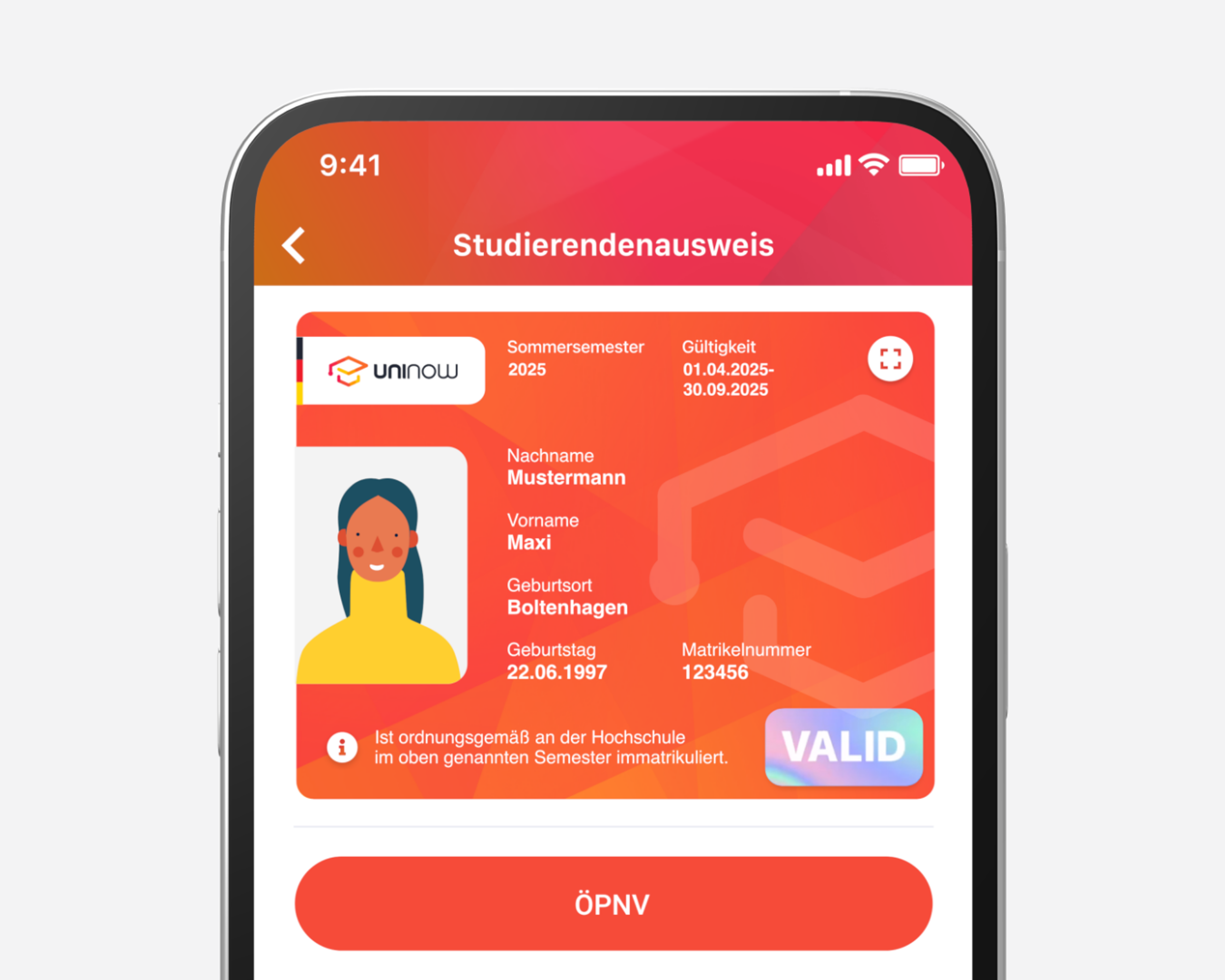 Digital student ID with security elements like hologram, photo, and validity display