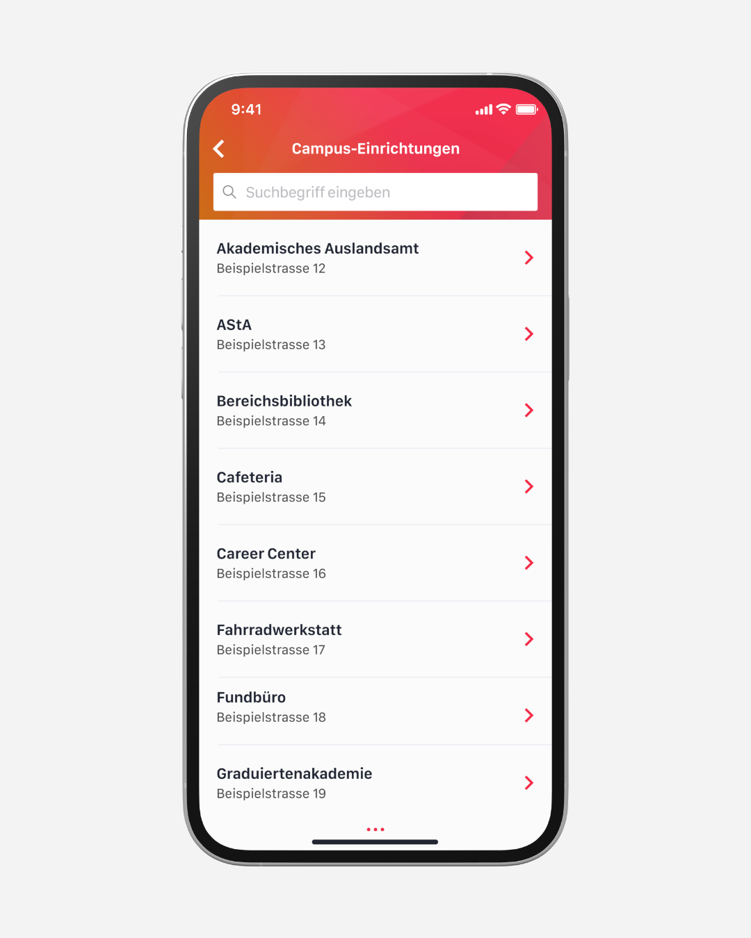Das Modul Campus-Einrichtungen listet alle Hochschulstandorte zentral in der App und ermöglicht durch Google Maps oder Apple Karten eine direkte Navigation. Einrichtungen können rollenspezifisch angezeigt und flexibel verwaltet werden.