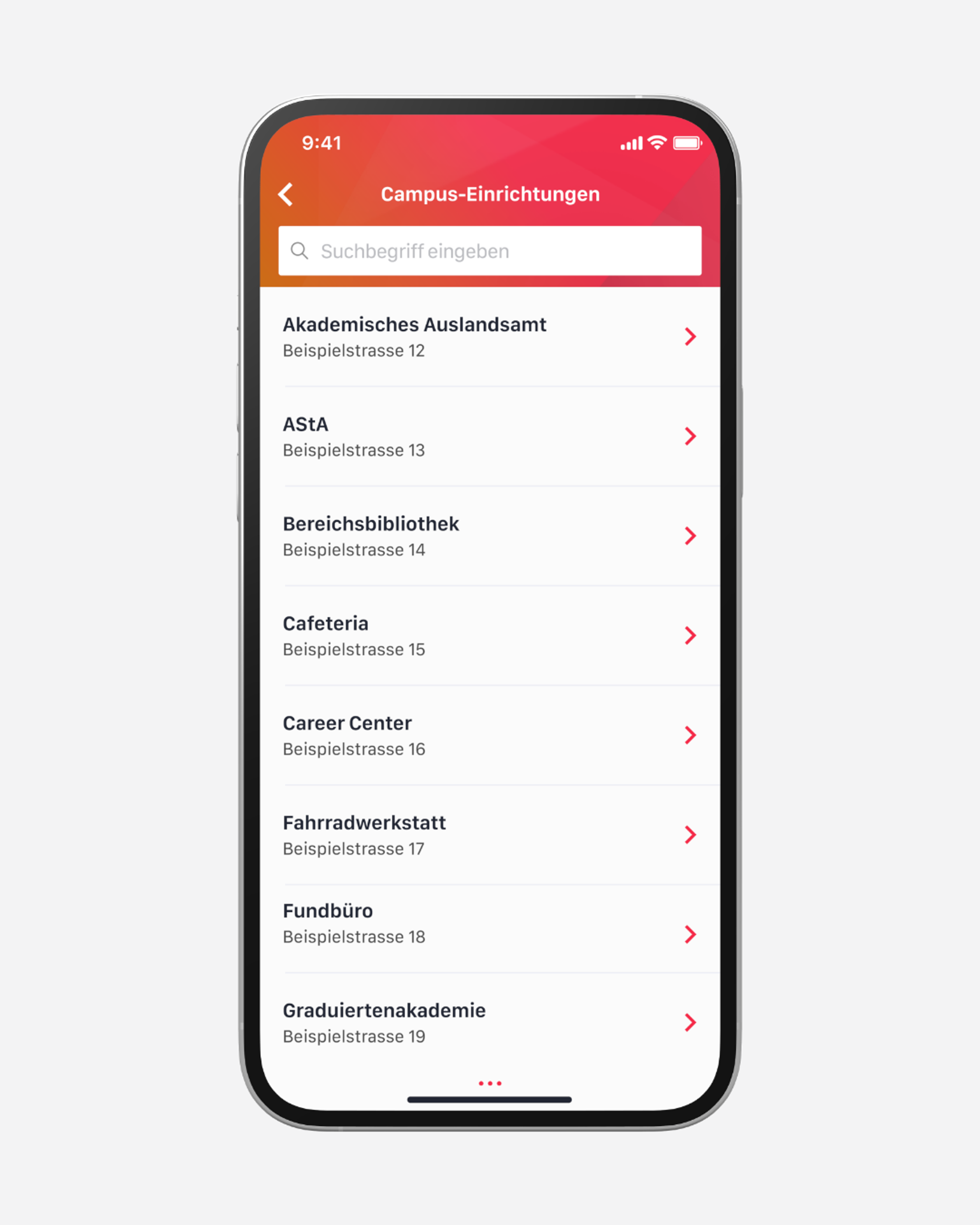 Das Modul Campus-Einrichtungen listet alle Hochschulstandorte zentral in der App und ermöglicht durch Google Maps oder Apple Karten eine direkte Navigation. Einrichtungen können rollenspezifisch angezeigt und flexibel verwaltet werden.