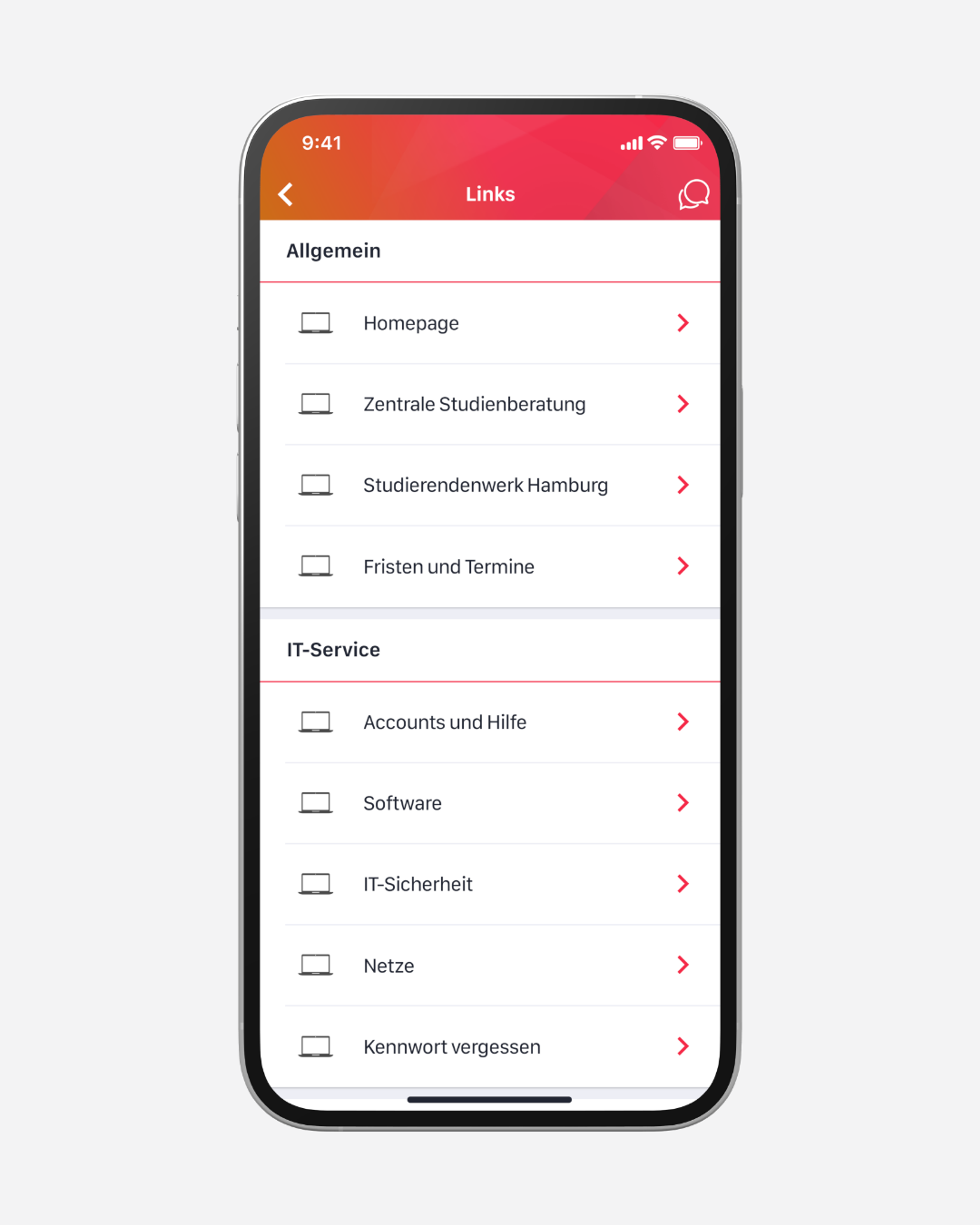 Alle wichtigen Hochschullinks an einem Ort – übersichtlich, mobil und rollenspezifisch. Die zentrale Linksammlung in der App ermöglicht schnellen Zugriff auf Prüfungsportale, Lernplattformen und mehr. Studierende können zusätzlich eigene Links lokal speichern und individuell sortieren.