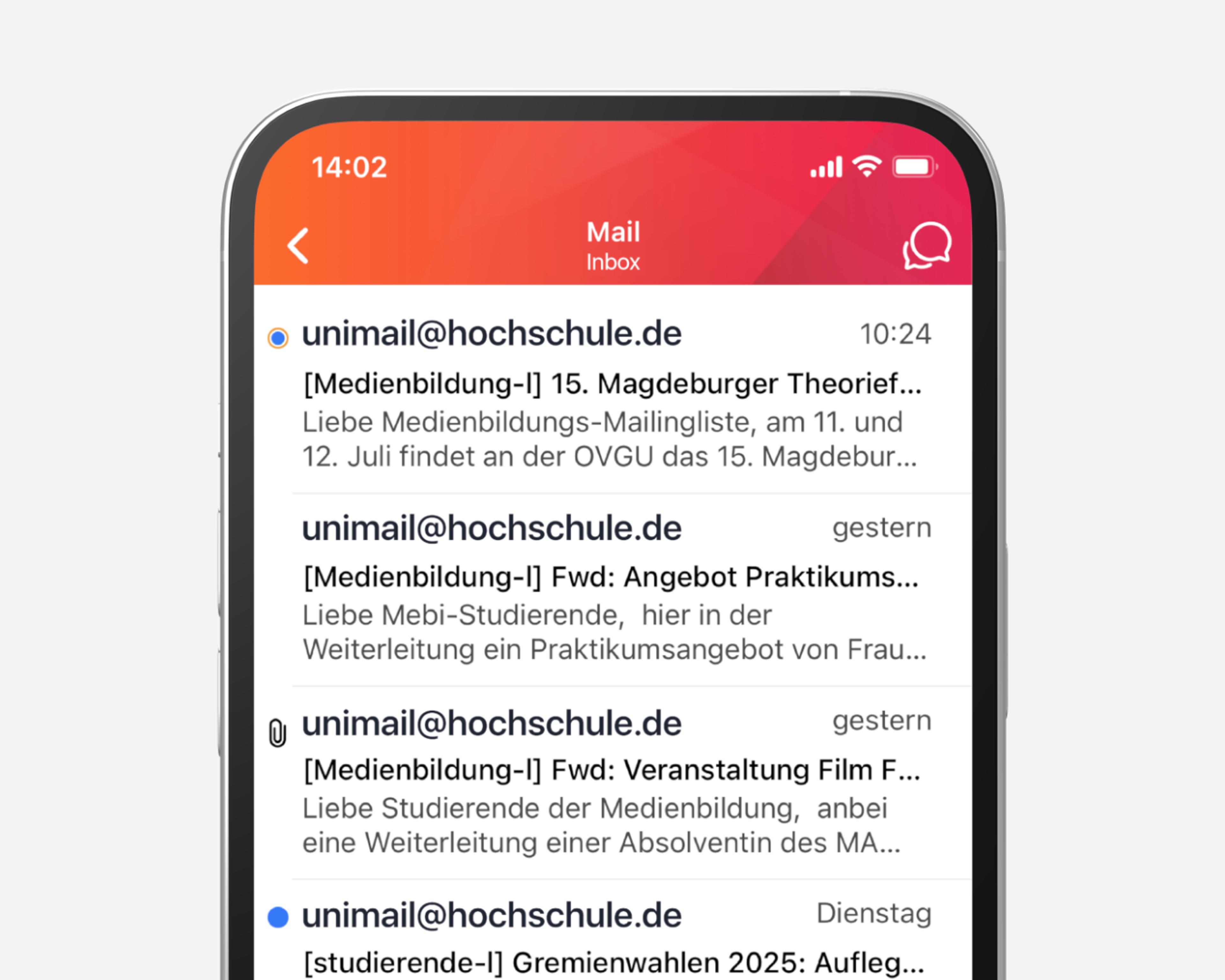 Uni-Mails sicher und bequem abrufen: Die App ermöglicht den direkten Zugriff auf das hochschulinterne E-Mail-Konto – ohne zusätzliche Einrichtung. Dank Push-Benachrichtigungen bleibt keine Nachricht ungelesen.