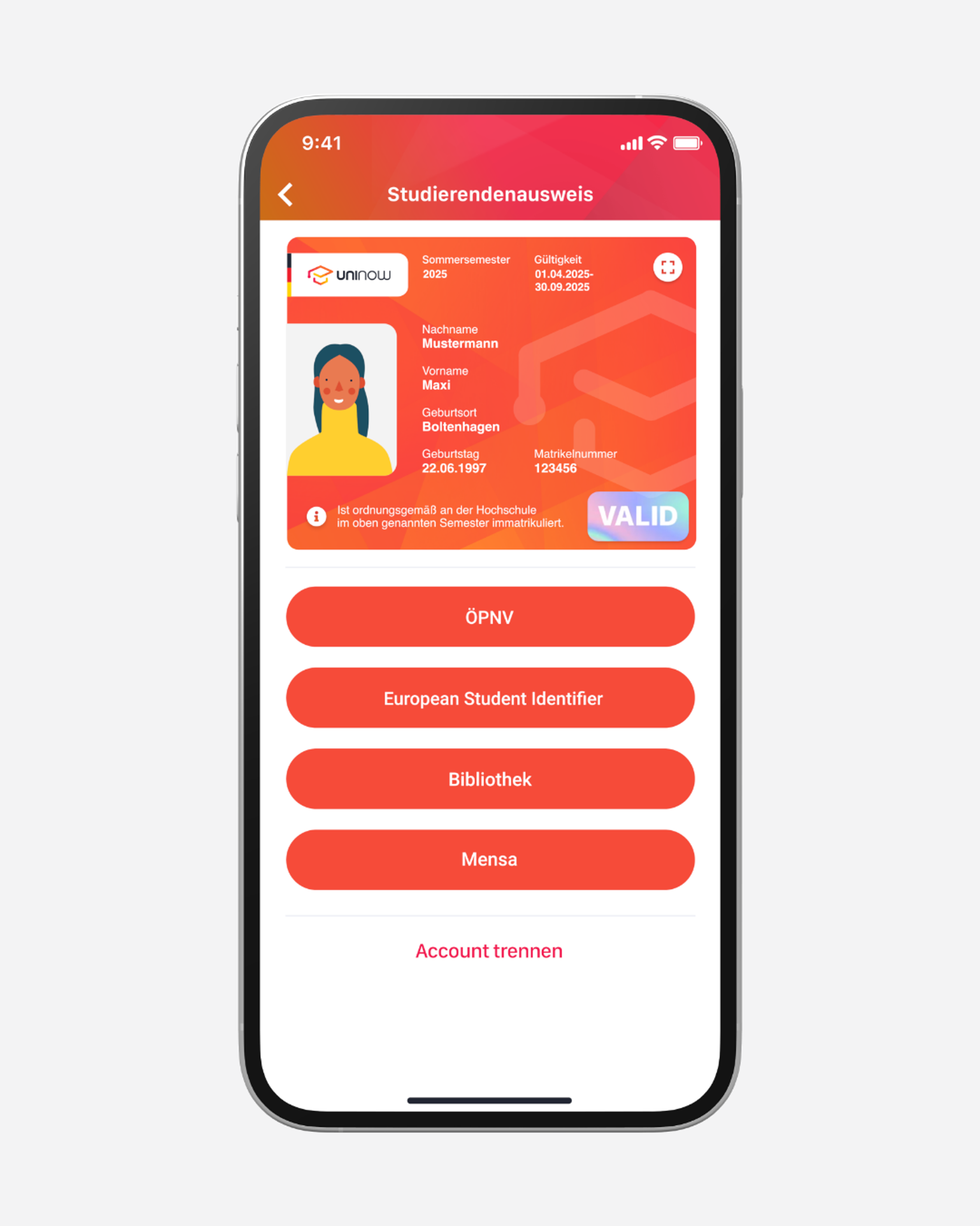 Digitaler Campus-Ausweis in der UniNow App mit QR-Code und Sicherheitsdesign – für Studierende, Mitarbeitende und Gäste