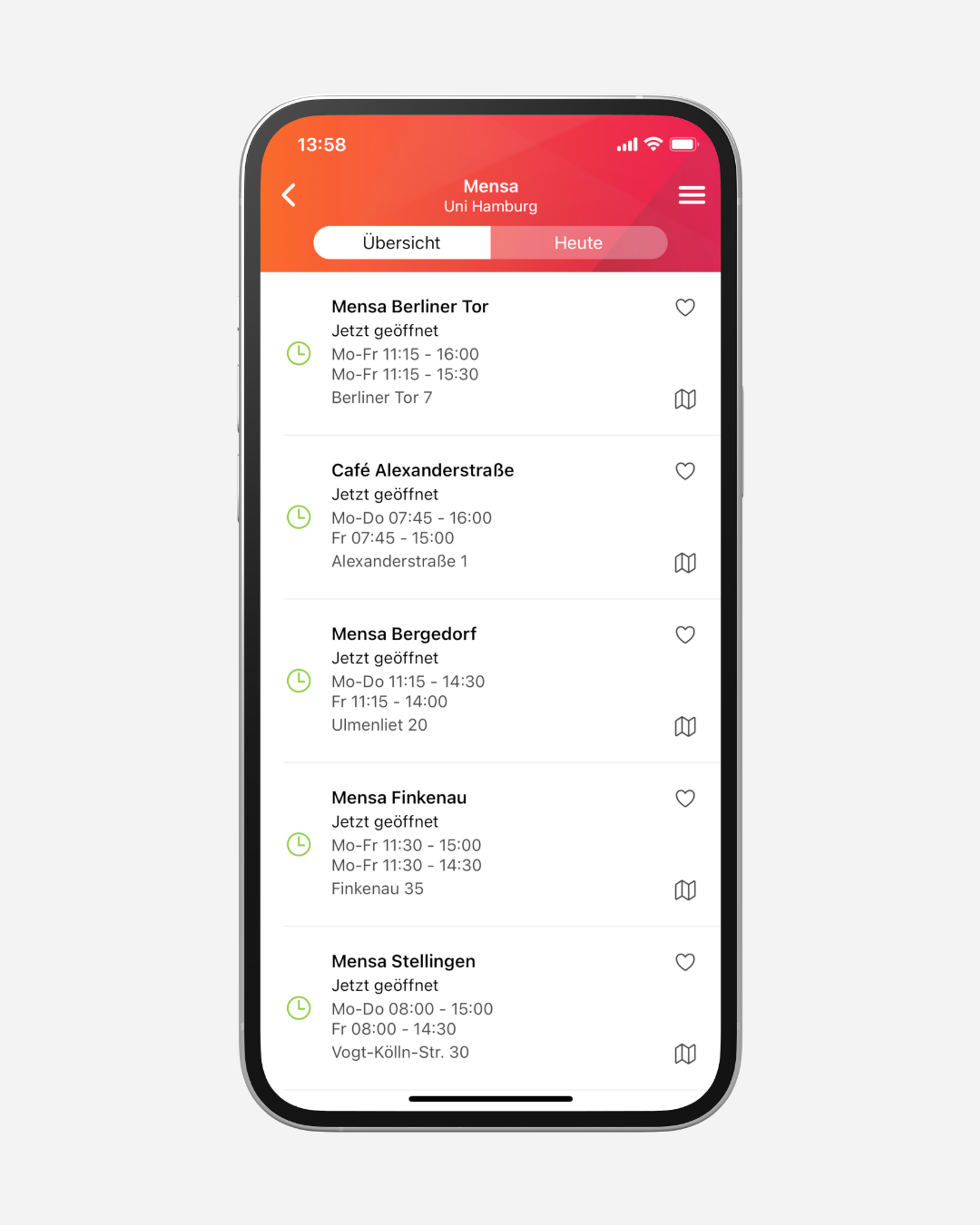 Das Modul Mensa zeigt tagesaktuelle Speisepläne, Öffnungszeiten und Informationen mehrerer Mensen und Cafeterien direkt in der App. Die Gerichte lassen sich nach vegan oder vegetarisch filtern. Zusätzlich stehen ein Startbildschirm-Widget und eine Watch-Version zur Verfügung. Die Daten werden über Web Scraping geladen oder – bei unterstützenden Studierendenwerken – in Echtzeit per Schnittstelle eingebunden.
