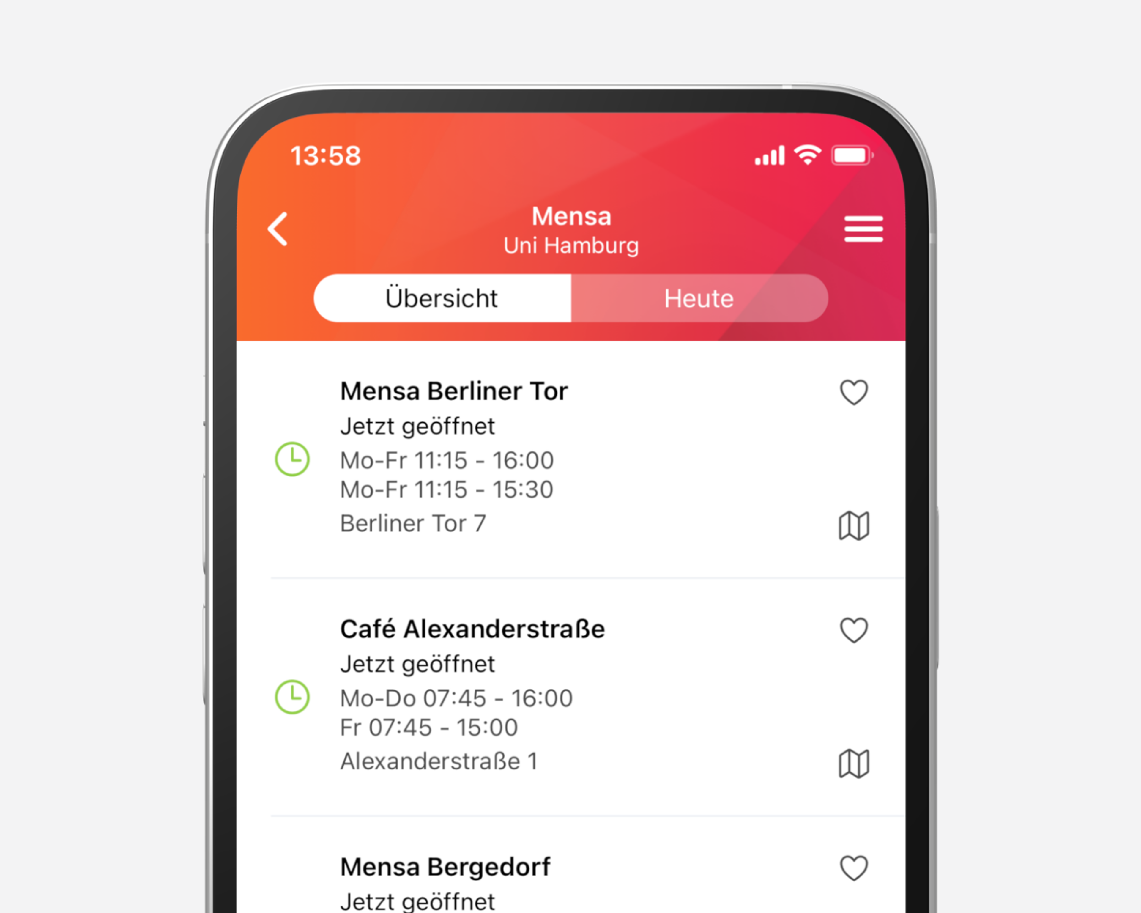 Das Modul Mensa zeigt tagesaktuelle Speisepläne, Öffnungszeiten und Informationen mehrerer Mensen und Cafeterien direkt in der App. Die Gerichte lassen sich nach vegan oder vegetarisch filtern. Zusätzlich stehen ein Startbildschirm-Widget und eine Watch-Version zur Verfügung. Die Daten werden über Web Scraping geladen oder – bei unterstützenden Studierendenwerken – in Echtzeit per Schnittstelle eingebunden.