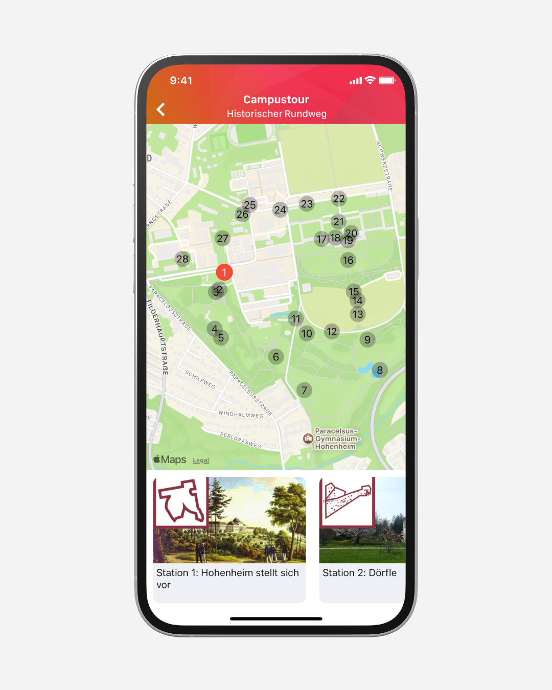 The Campus Tours module offers interactive tours of the university or city. Tours can be managed flexibly, are visible based on roles, and guide users through important aspects of everyday university life with maps and information.