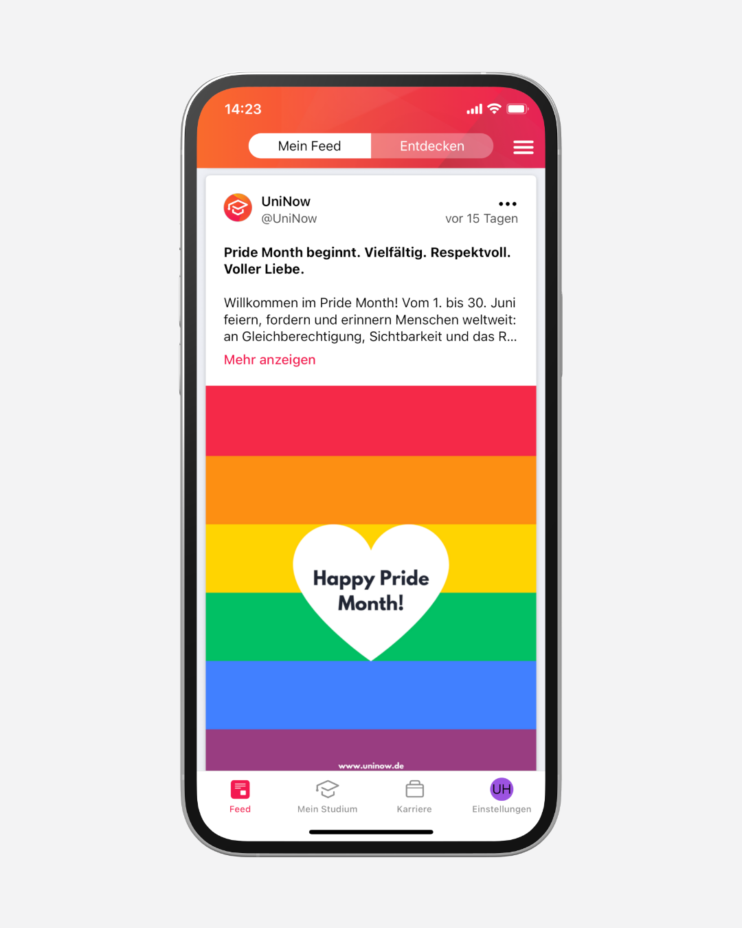 The newsfeed is your university's digital bulletin board. Articles, events, and surveys are published centrally and distributed directly to students—supplemented by push notifications and editorial control via the portal.