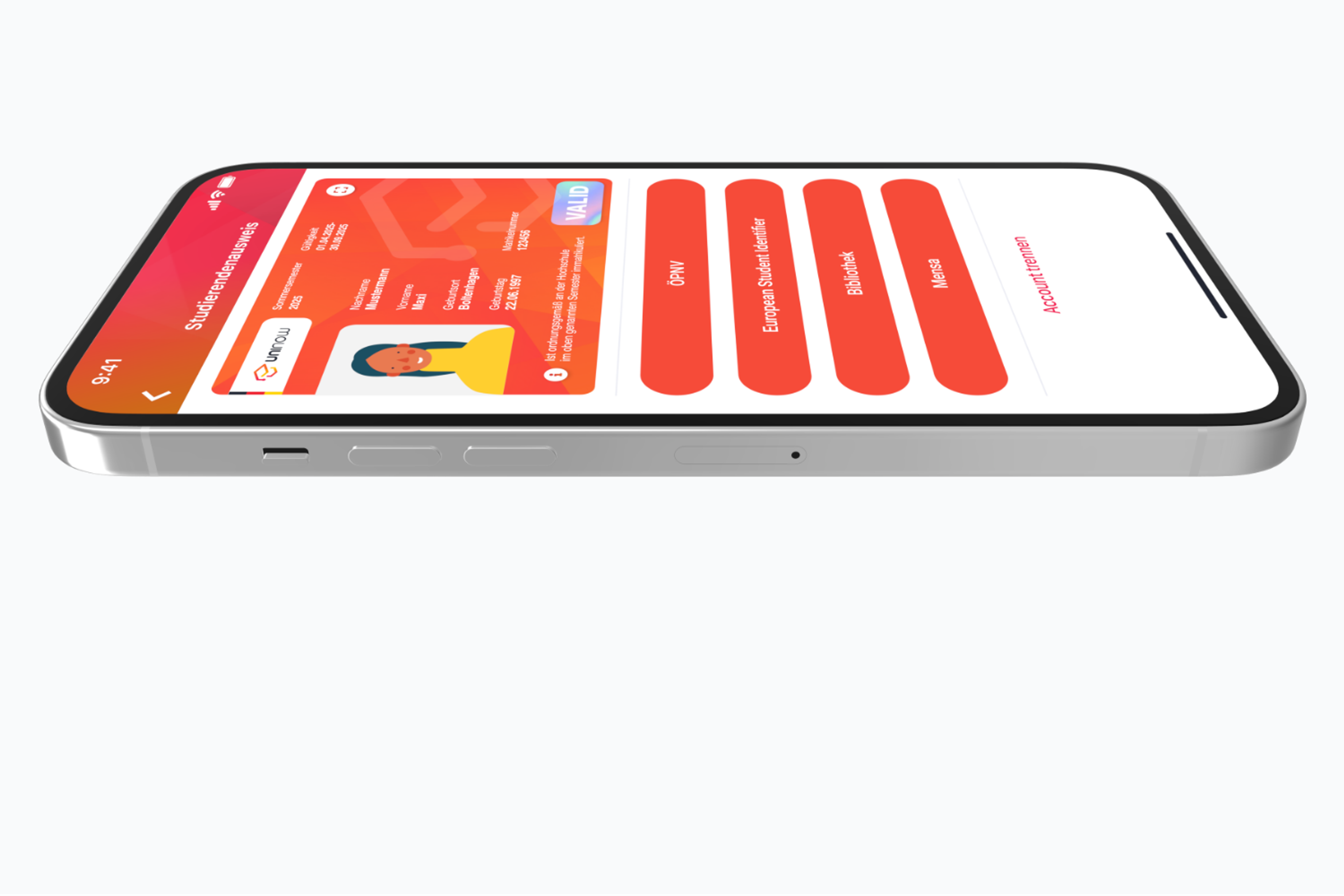 Digitaler Studierendenausweis in der UniNow App mit QR-Code, Gültigkeit, Foto und Hochschullogo – dargestellt auf einem Smartphone.
