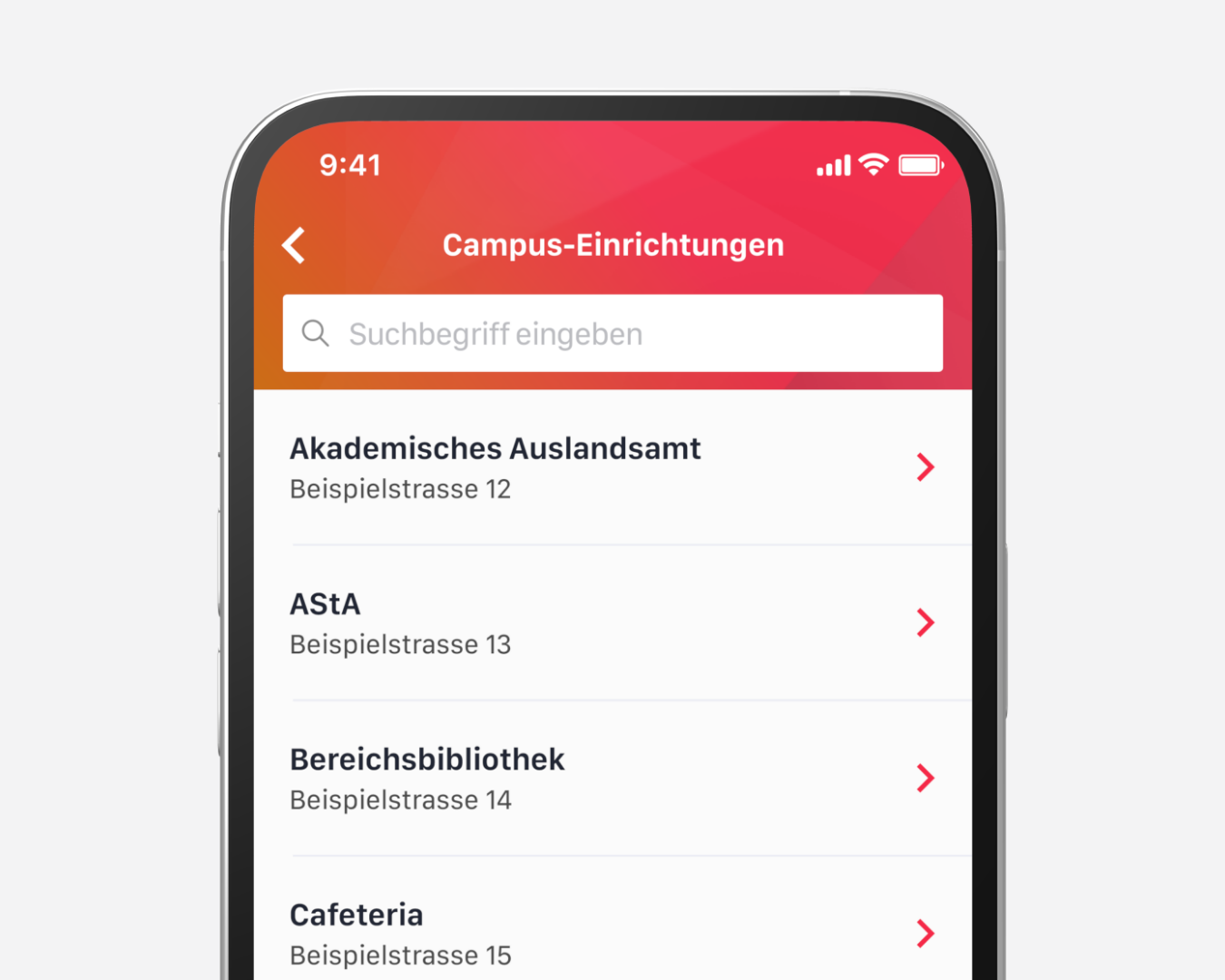 Das Modul Campus-Einrichtungen listet alle Hochschulstandorte zentral in der App und ermöglicht durch Google Maps oder Apple Karten eine direkte Navigation. Einrichtungen können rollenspezifisch angezeigt und flexibel verwaltet werden.