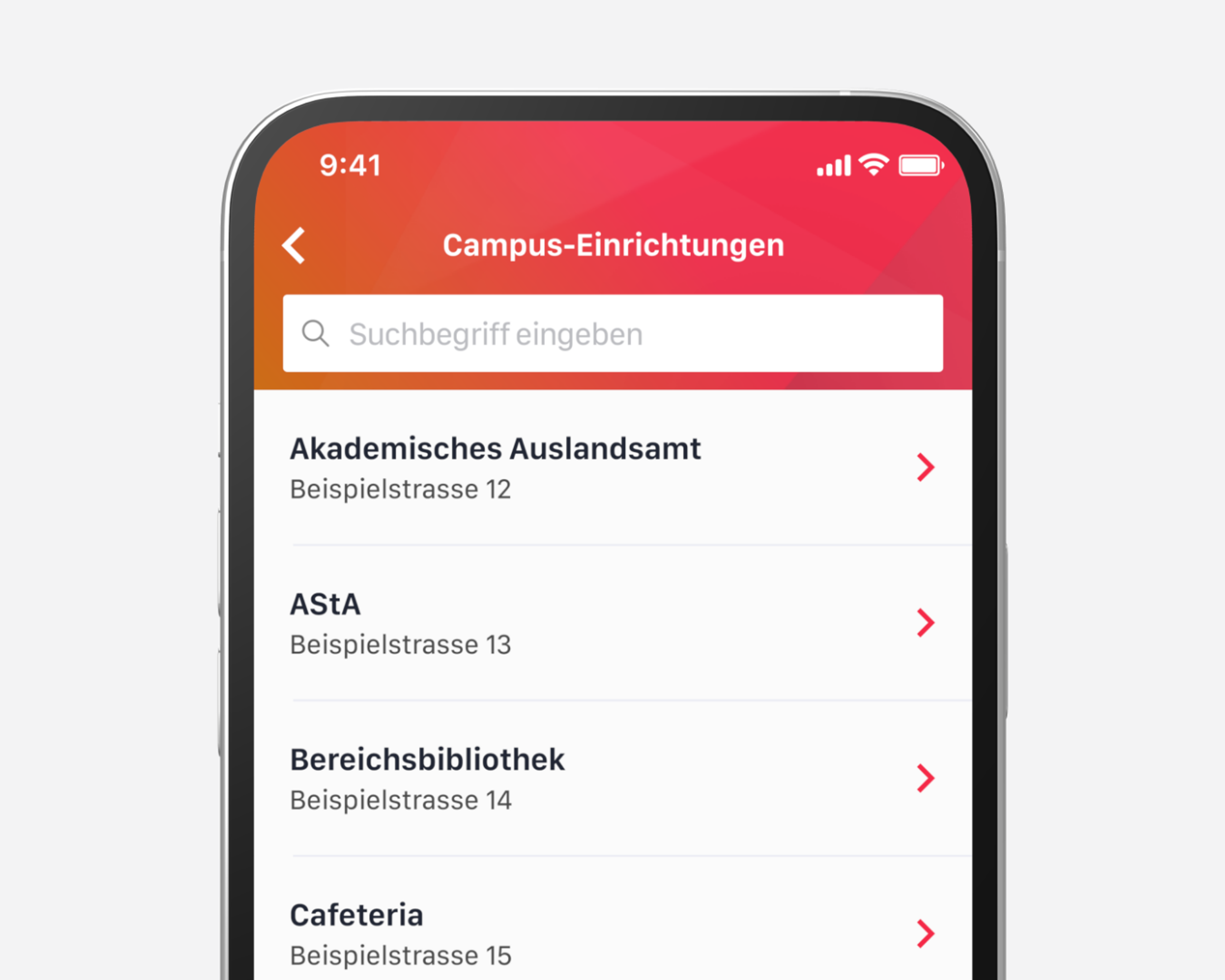 Das Modul Campus-Einrichtungen listet alle Hochschulstandorte zentral in der App und ermöglicht durch Google Maps oder Apple Karten eine direkte Navigation. Einrichtungen können rollenspezifisch angezeigt und flexibel verwaltet werden.
