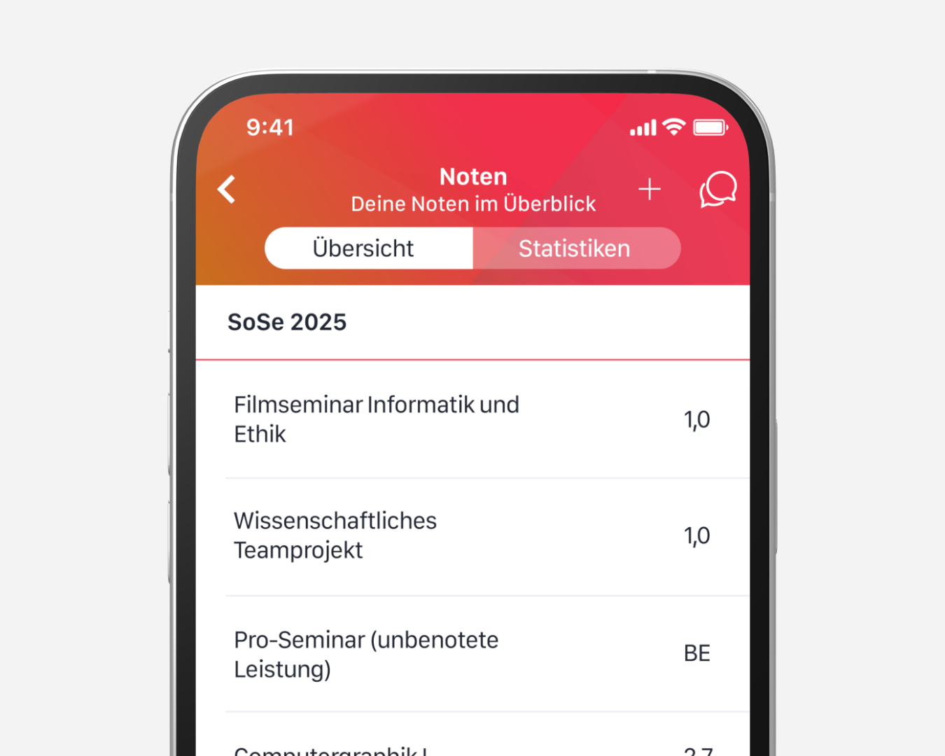 Das Modul „Noten“ zeigt alle Prüfungsergebnisse mobil und übersichtlich in der App an. Studierende erhalten Zugriff auf ihre Leistungen, können mithilfe des Planungsmodus zukünftige Noten simulieren und den Notenschnitt berechnen – jederzeit, campusunabhängig und datenschutzkonform.