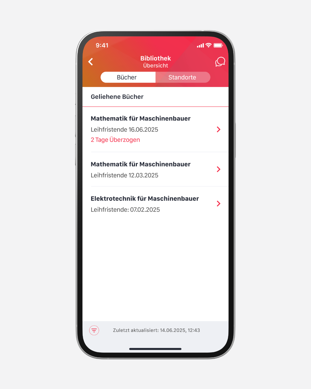 Alle Ausleihen mobil im Blick: Das Bibliotheksmodul zeigt entliehene Bücher und Medien samt Frist und ermöglicht die direkte Verlängerung – einfach, schnell und campusunabhängig. Die Daten werden automatisiert von der Hochschulwebsite geladen, ganz ohne Schnittstelle.