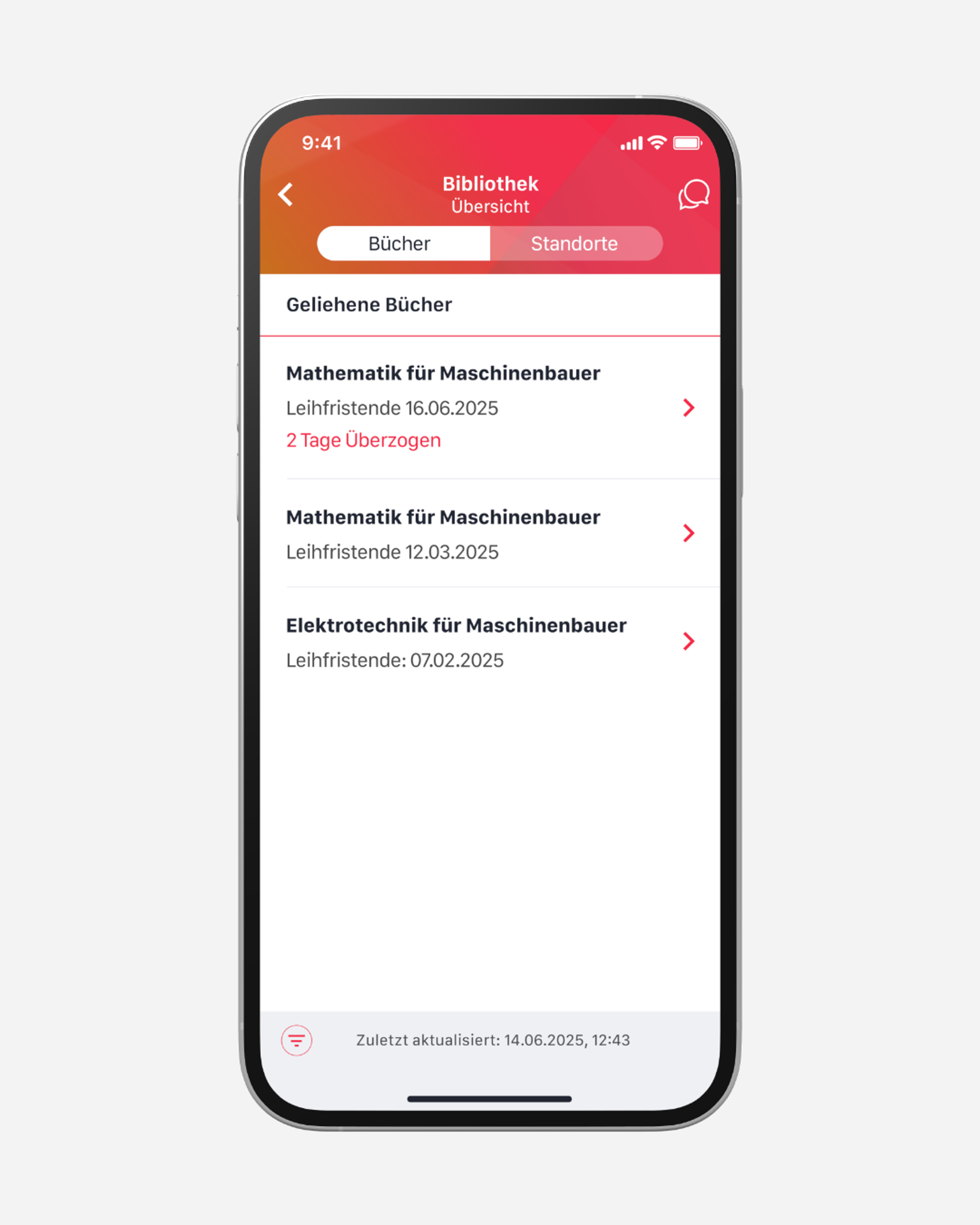 Alle Ausleihen mobil im Blick: Das Bibliotheksmodul zeigt entliehene Bücher und Medien samt Frist und ermöglicht die direkte Verlängerung – einfach, schnell und campusunabhängig. Die Daten werden automatisiert von der Hochschulwebsite geladen, ganz ohne Schnittstelle.