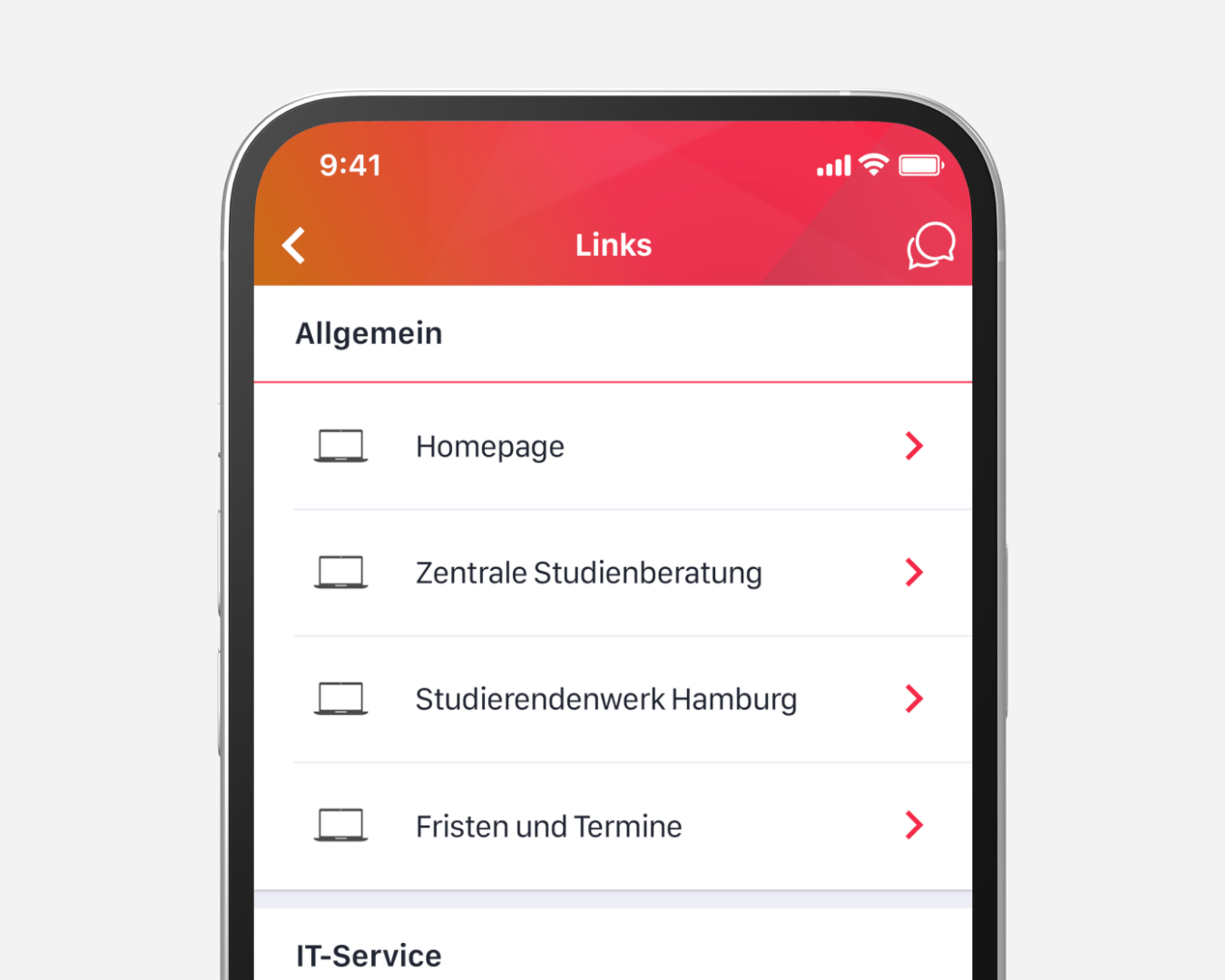 Alle wichtigen Hochschullinks an einem Ort – übersichtlich, mobil und rollenspezifisch. Die zentrale Linksammlung in der App ermöglicht schnellen Zugriff auf Prüfungsportale, Lernplattformen und mehr. Studierende können zusätzlich eigene Links lokal speichern und individuell sortieren.
