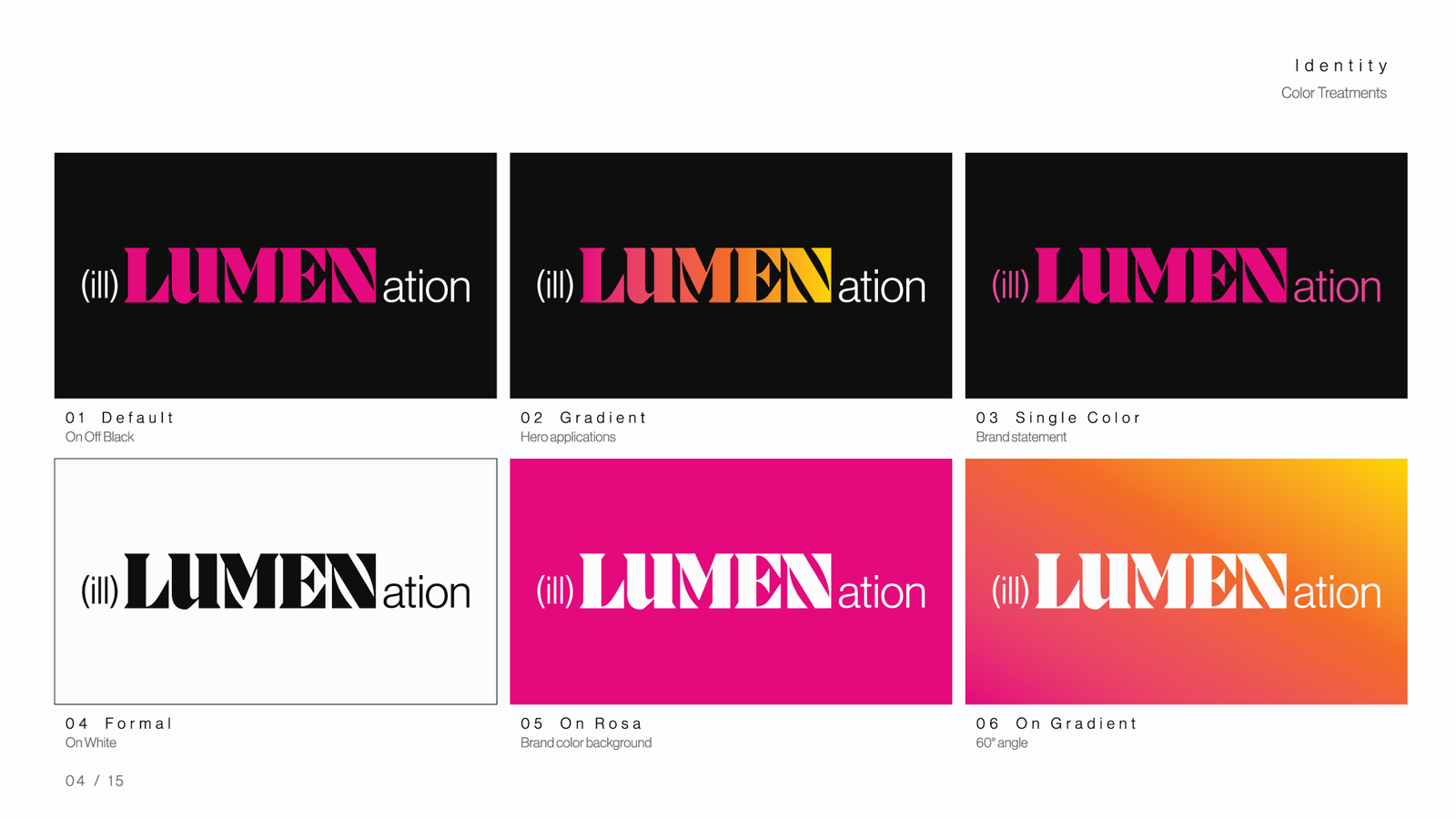Six approved wordmark treatments: on off-black, on the gradient, single color, formal on white, on Rosa Mexicano, and on the gradient at sixty degrees.